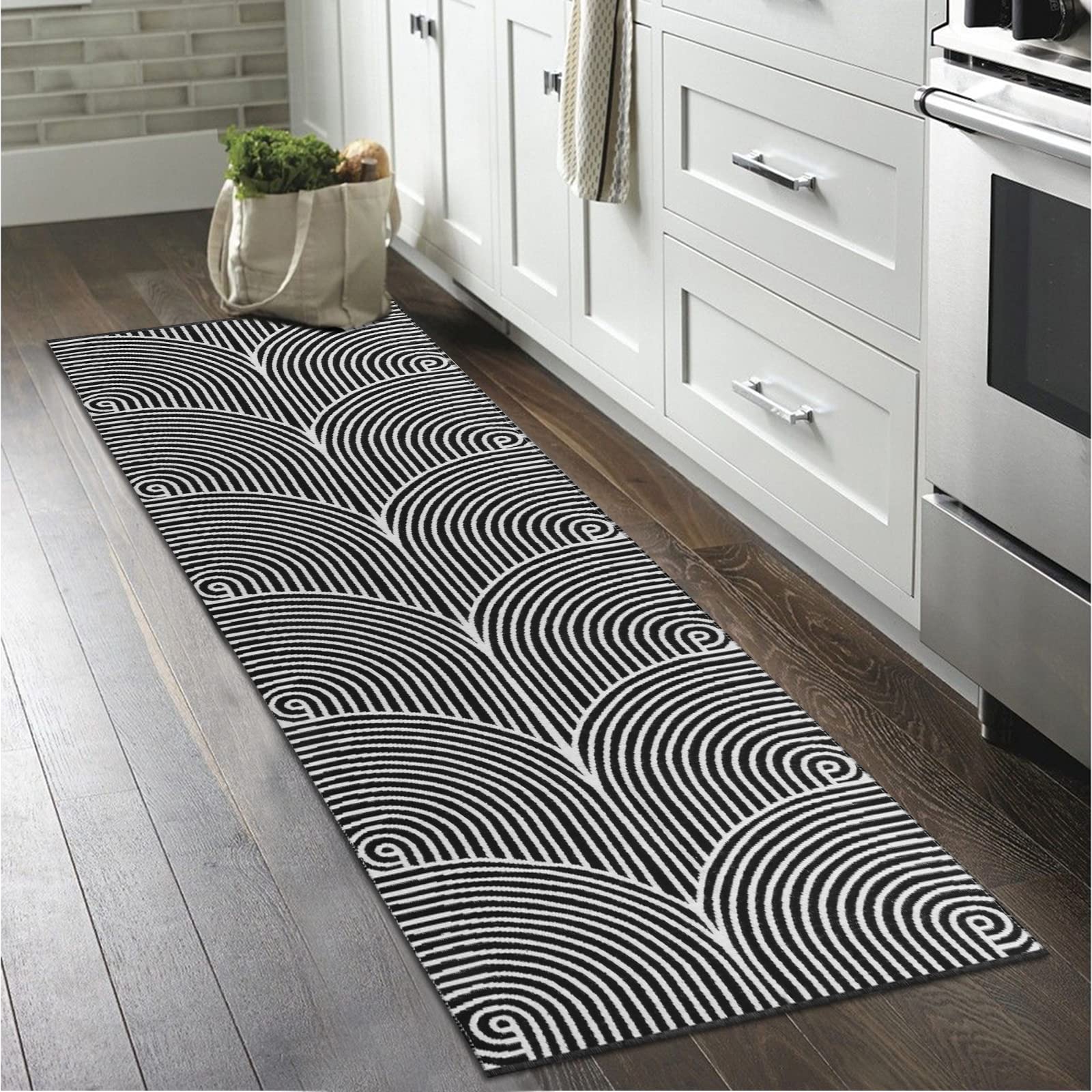 Tiffasea 2'x6' Woven Runner Rug - Machine Washable Reversible Cotton Indoor Outdoor Rug for Hallway, Entryway, Living Room, Laundry, Bathroom, Bedroom - Black and White Striped Design - Perfect for High Traffic Areas and Home Decor