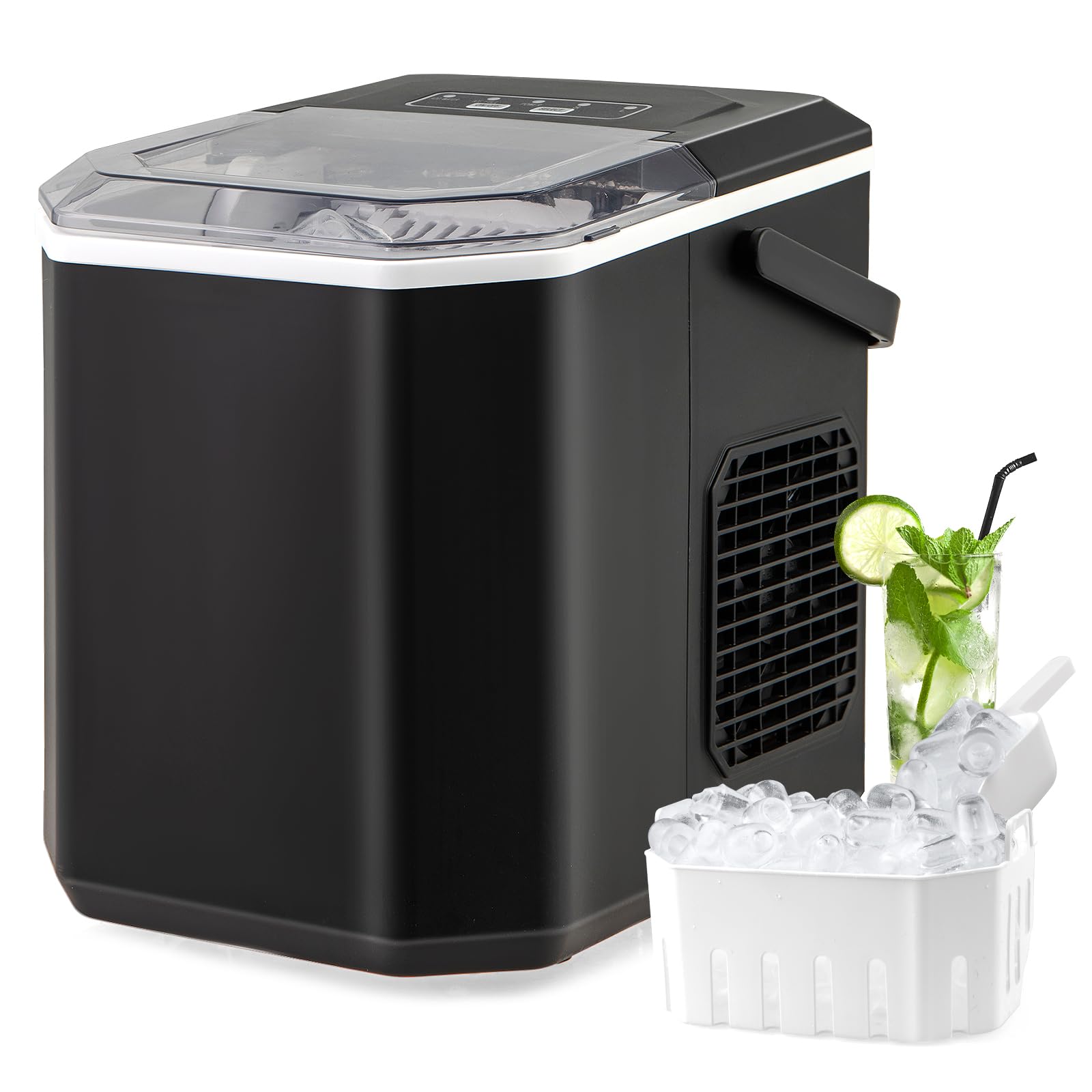 COSTWAY Portable Countertop Ice Maker Machine - Self-Cleaning, 9 Ice Cubes in 6-13 Mins, 26.5Lbs/24H, 2 Ice Size Options, with Handle & Accessories for Home, Office, Bar, RV, Camping (Black)