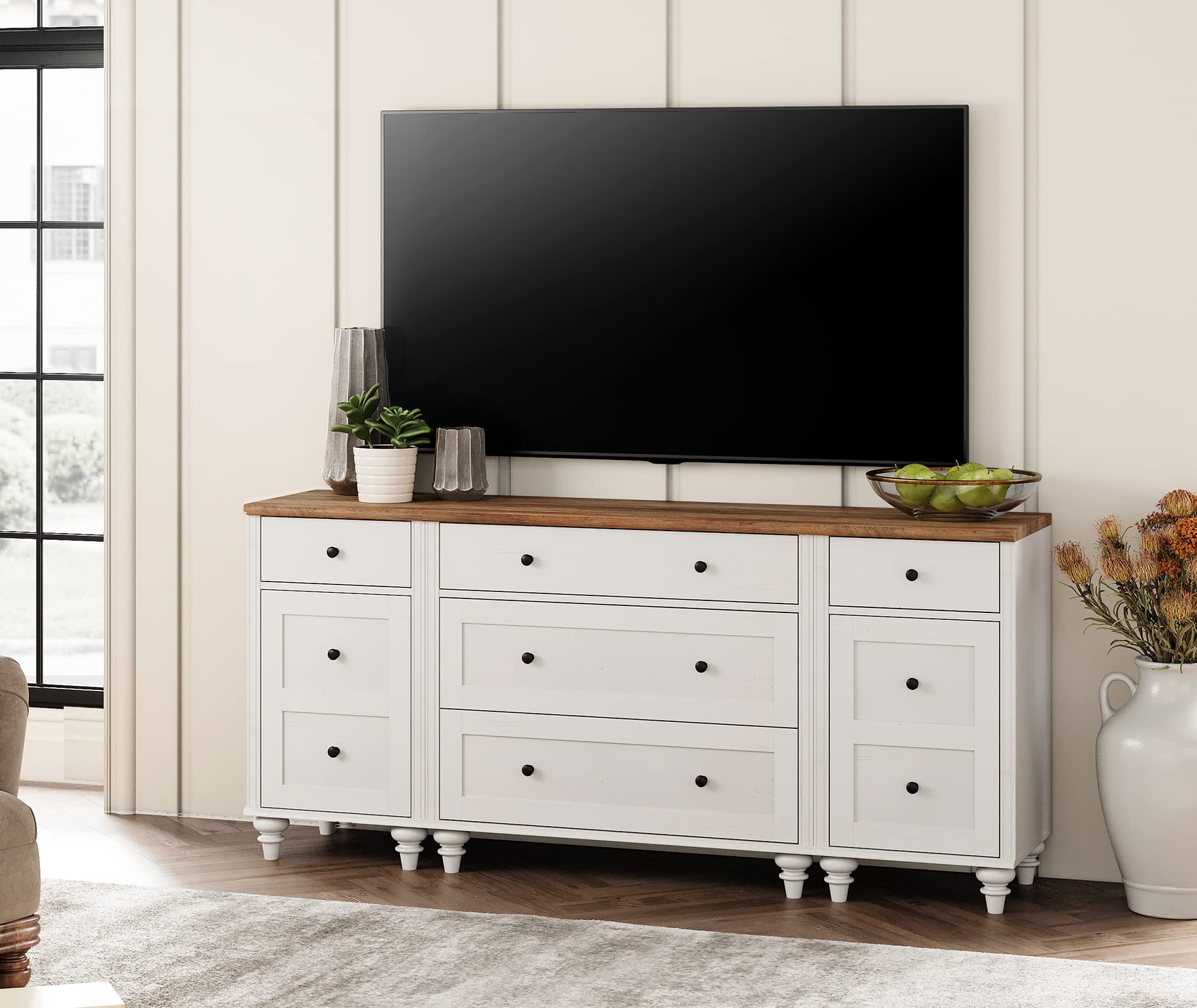 Mid Century Modern White Wooden Dresser with 5 Drawers & 2 Storage Cabinets - Bedroom Chest with Charging Station, Nursery Dresser for Kids, Living Room Nightstand - Perfect for Small Spaces & Home Organization