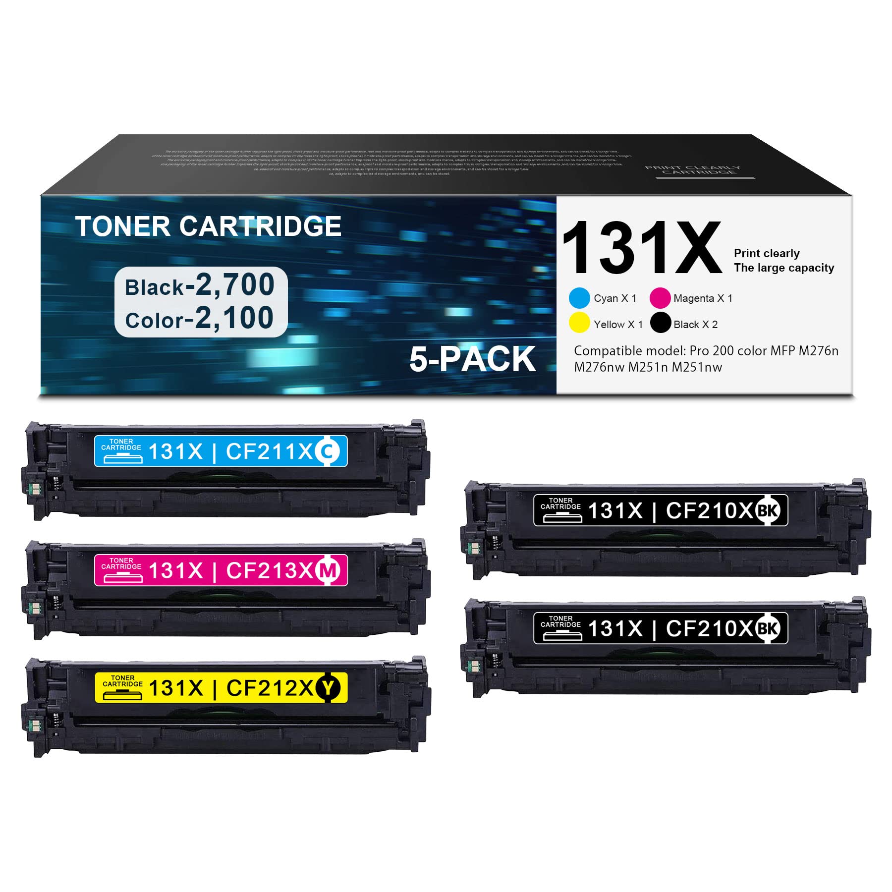 DIOUSAINK 5-Pack HP 131X Compatible Toner Cartridge Replacement for CF210X CF211X CF212X CF213X | High Yield Pro 200 Color MFP | Works with HP M276n M251nw M276nw M251n Printers (2 Black, 1 Cyan, 1 Magenta, 1 Yellow) | Ideal for Office Printing, Home Office & Small Business Use