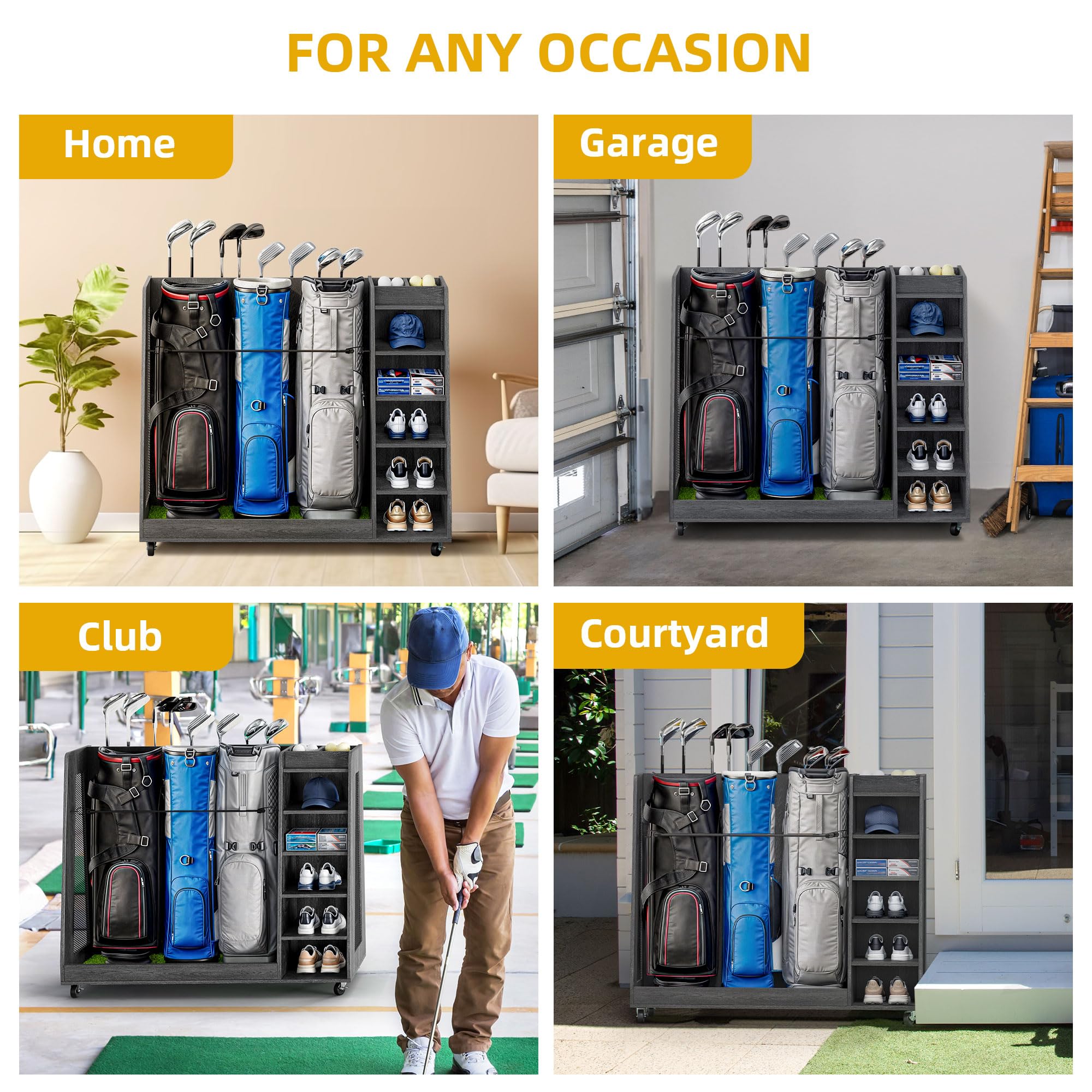 DWVO Wooden Golf Bag Stand Holder with Wheels - Garage Golf Storage Organizer for Golf Bags, Clubs, Balls & Accessories - Holds 2-3 Golf Bags - Perfect for Home, Garage & Golf Club Storage Solutions