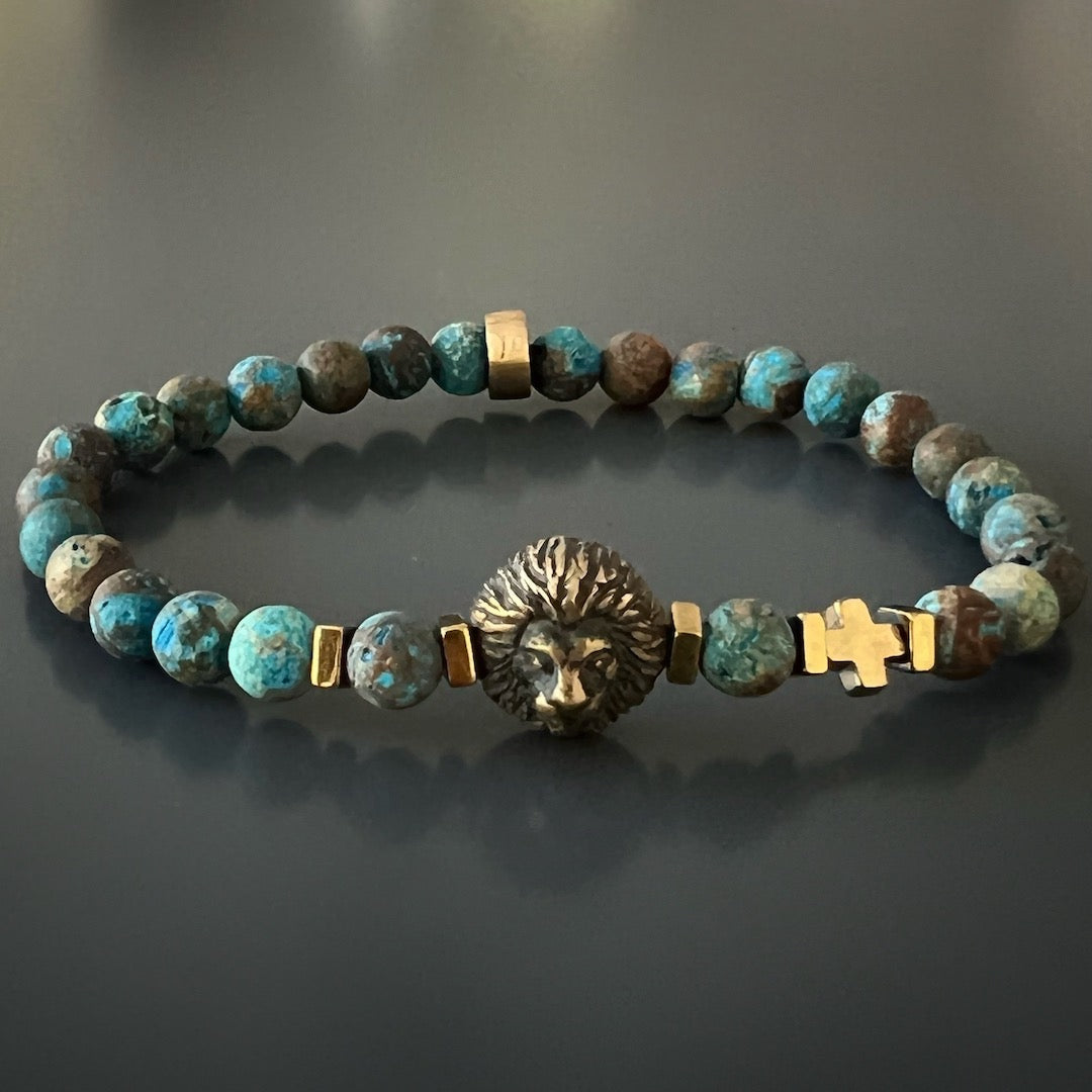Turquoise Lion Beaded Bracelet for Men - Handmade Boho Style Adjustable Beaded Bracelet - Perfect for Casual Wear, Gifts, and Spiritual Healing