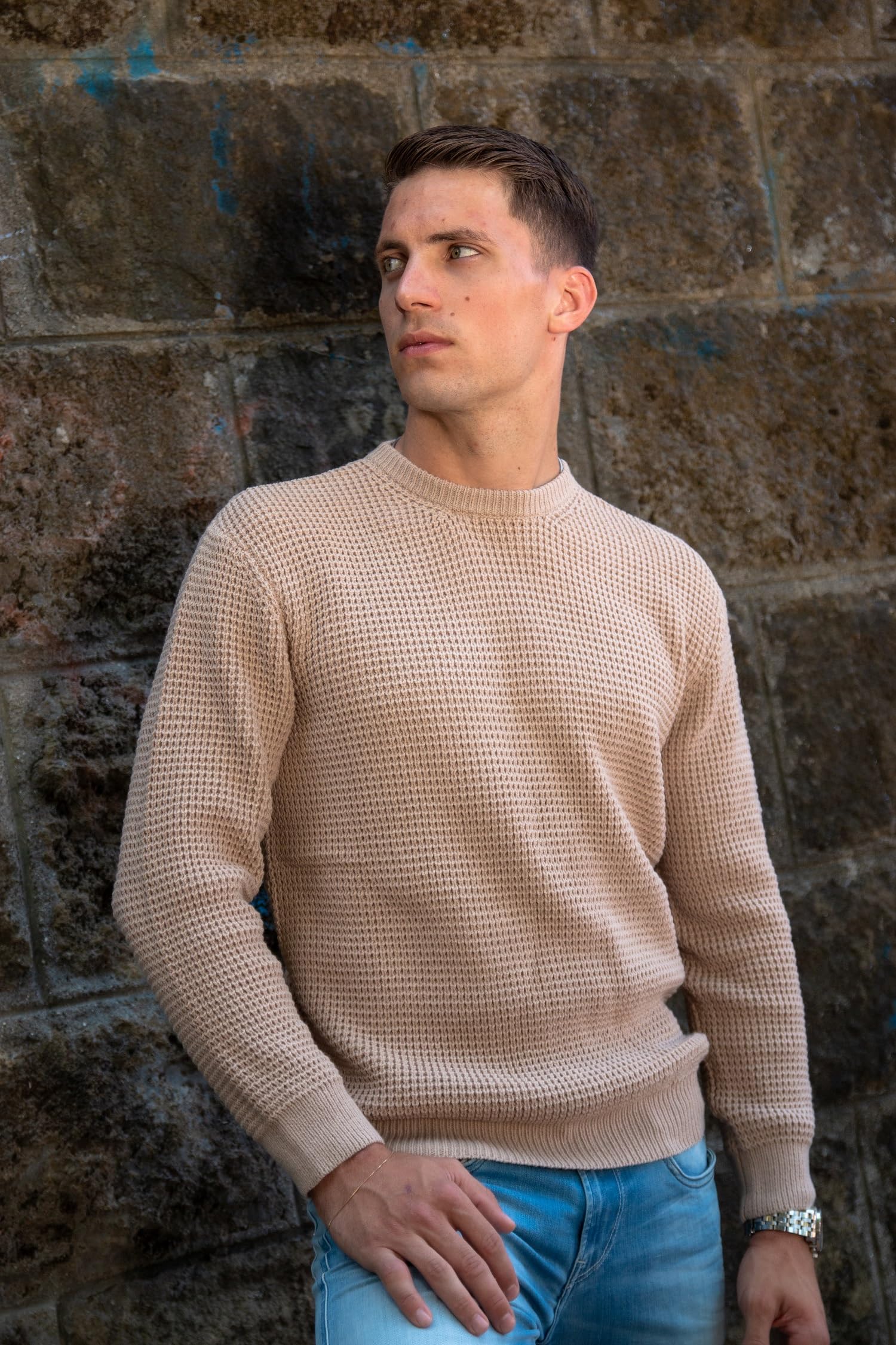 PJ PAUL JONES Men's Waffle Knit Crewneck Sweater - Long Sleeve Textured Pullover for Casual Wear, Office & Fall Outfits