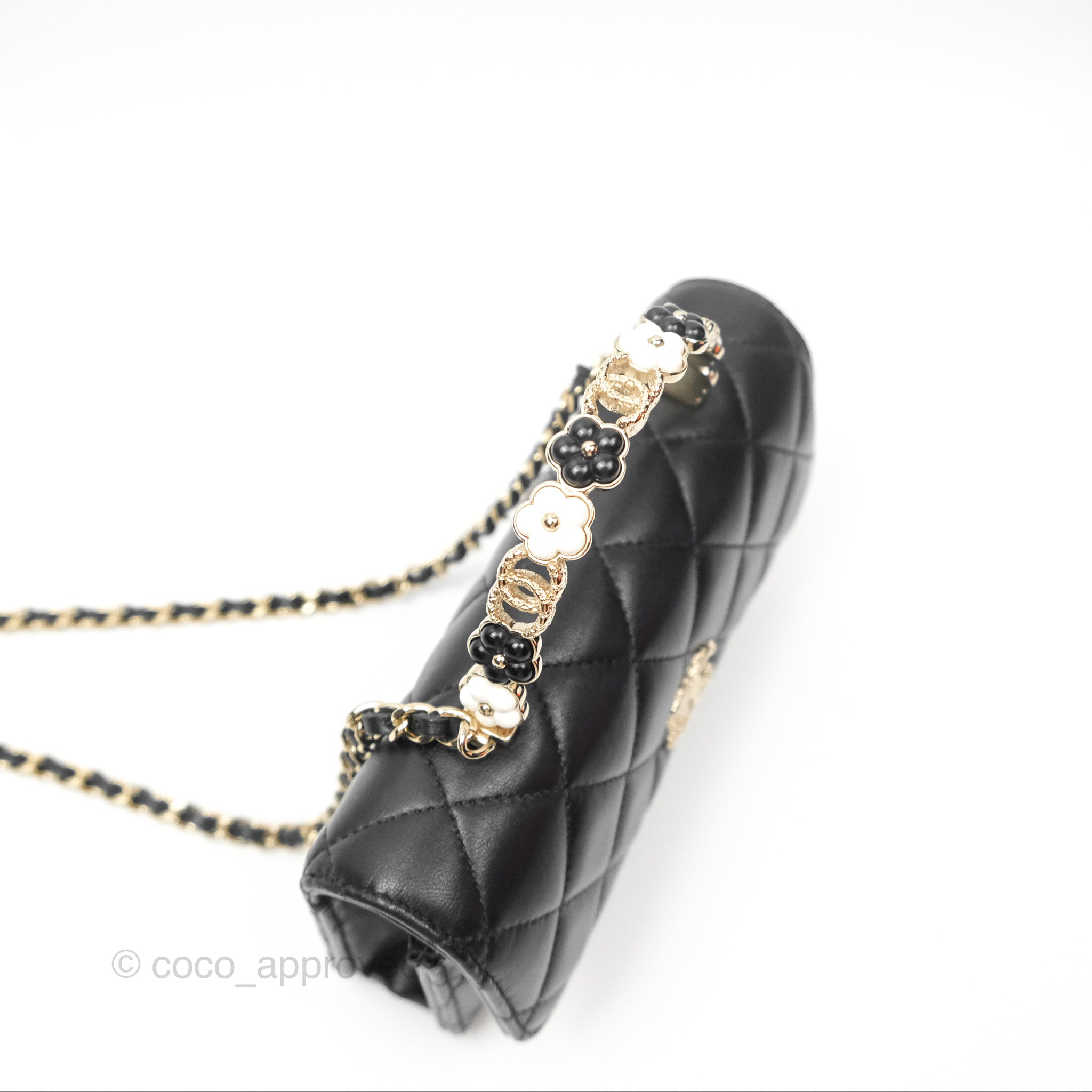 Chanel Camellia Handle Mini WOC Phone Holder Crossbody Bag with Chain - Black Lambskin Leather 23K Gold Hardware | Luxury Evening Out & Date Night Accessory