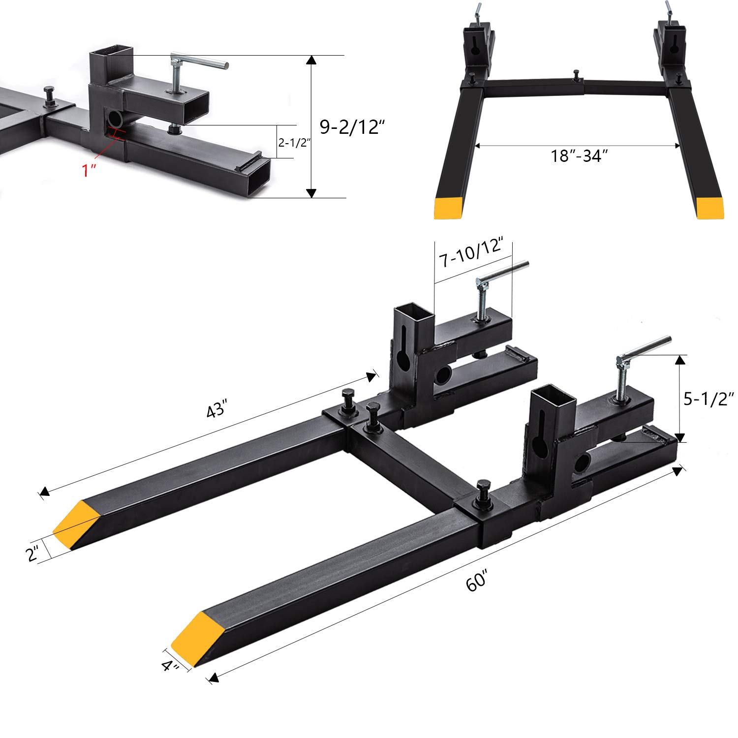 Heavy Duty Clamp On Pallet Forks with Adjustable Stabilizer Bar - 60 Inch, 4000 lbs Capacity - Tractor Bucket Attachment for Lifting & Moving Pallets - Ideal for Farming, Construction & Warehouse Use