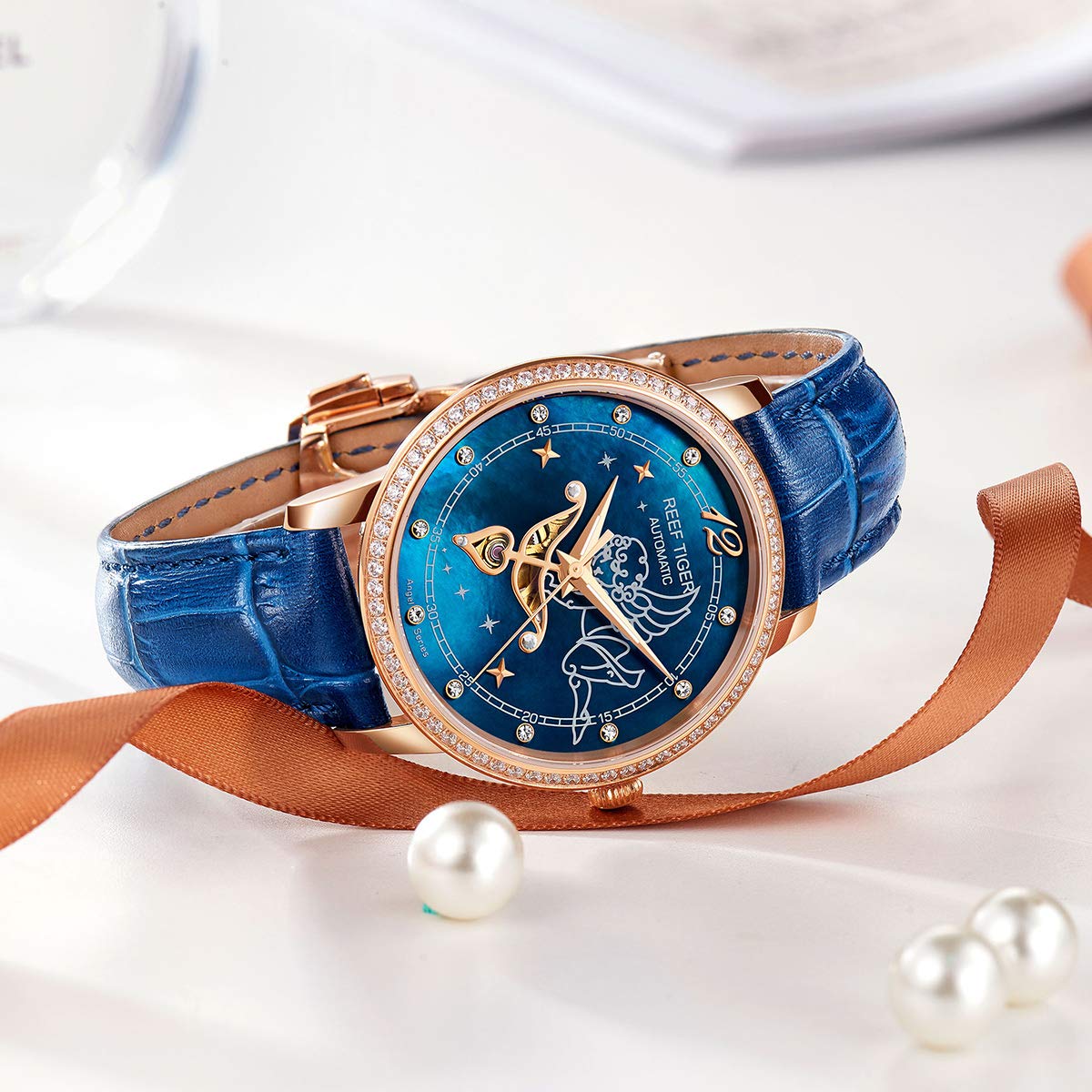 REEF TIGER Luxury Rose Gold Automatic Watch for Women - Genuine Leather Strap, Water Resistant, Elegant Dress Watch (Model RGA1550) | Perfect for Business, Party & Special Occasions
