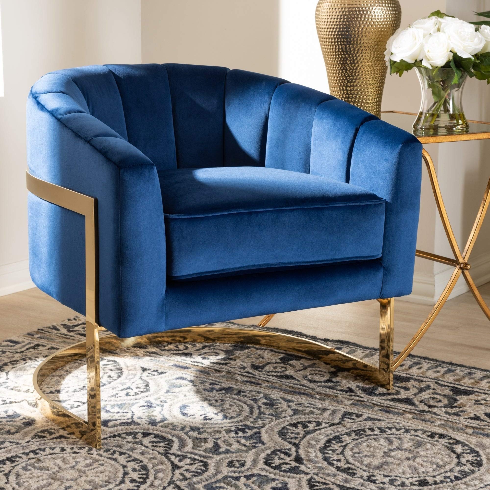 Luxury Blue Velvet Upholstered Lounge Chair with Tufted Cushions - Mid-Century Modern Accent Chair for Living Room, Bedroom & Office Decor