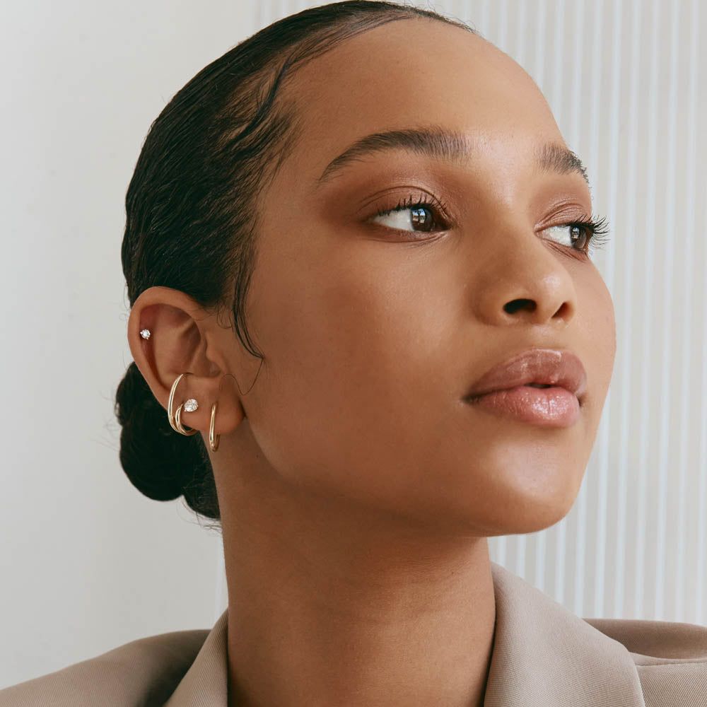 10K Gold Double Lobe Huggie Hoop Earrings for Women - Minimalist Everyday Jewelry for Work & Date Night