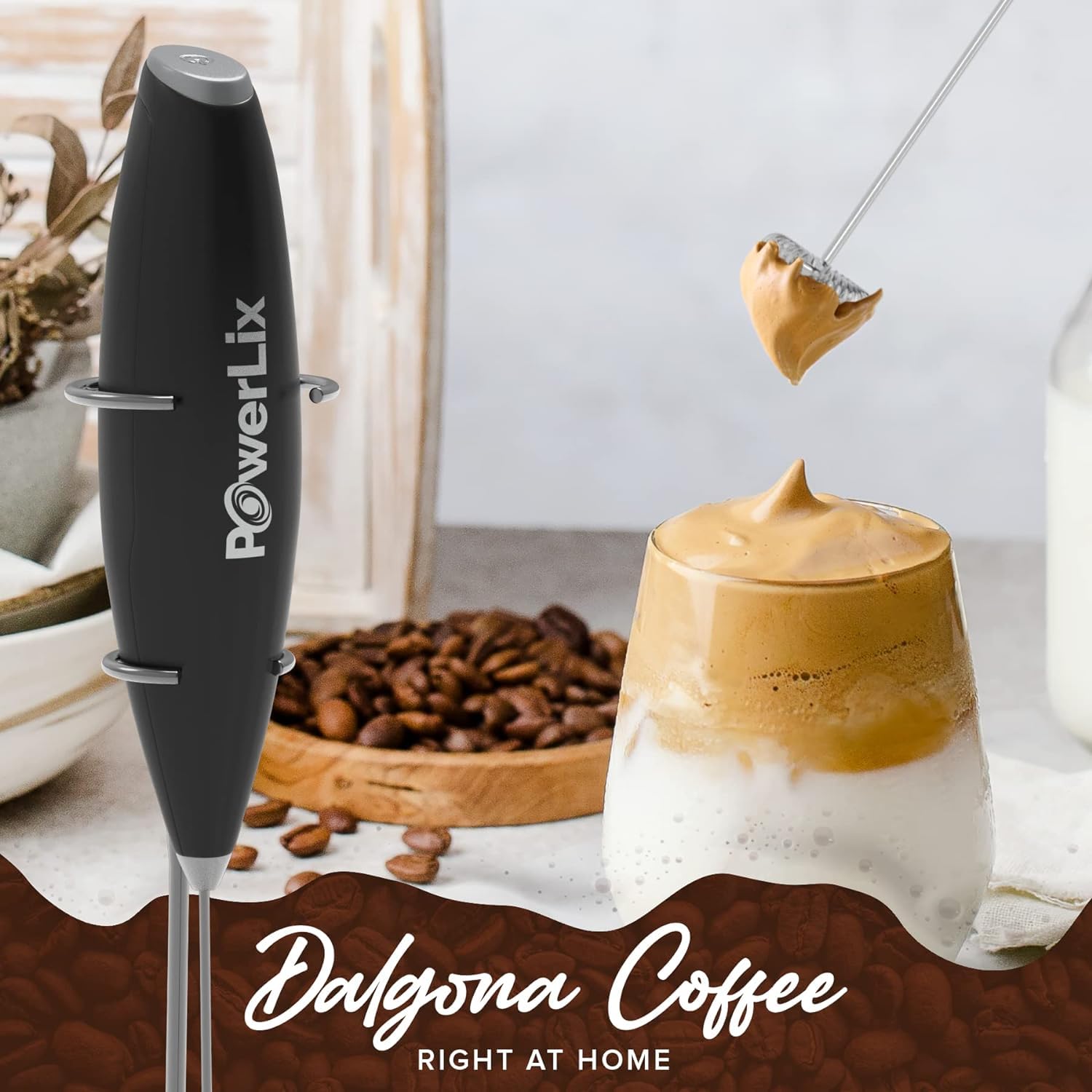 PowerLix Electric Milk Frother with Stainless Steel Stand - 19000 RPM, Battery Operated for Coffee, Latte, Cappuccino, Hot & Cold Chocolate - Perfect for Home, Office, and Cafe Use