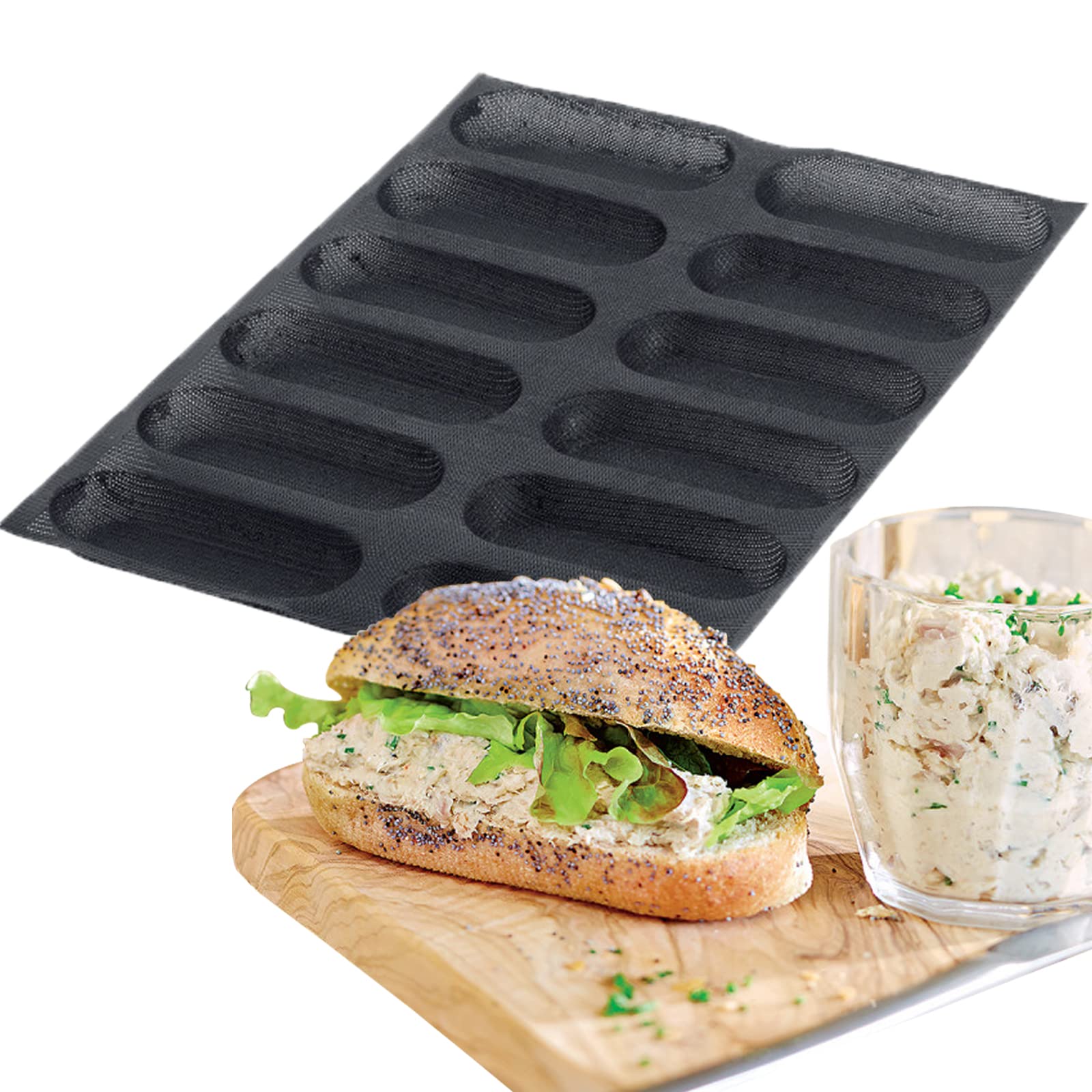 Premium Silicone Perforated Bread Baking Mold Set - 12 Non-Stick Oblong Hot Dog Bun Molds for Crispy Rolls, Eclairs & Milk Bread | Perfect for Home Bakers, Commercial Kitchens & Bread Making Enthusiasts