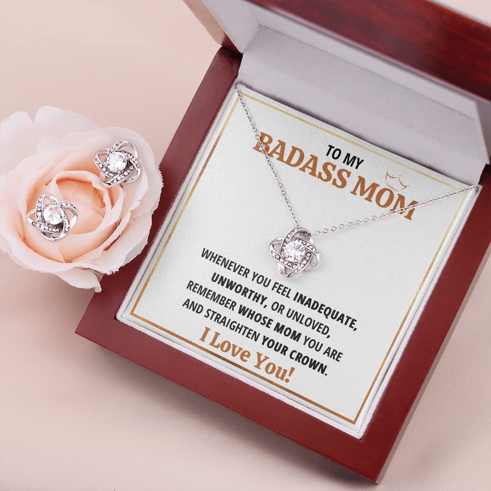 Personalized Mom Necklace Gift Set - Sterling Silver Pendant Jewelry with Message Card & LED Gift Box for Mother's Day, Christmas, Birthday - Perfect for Sons to Show Love (Includes Earrings & Badass Mom Crown Charm) - Ideal for Special Occasions & Everyday Wear