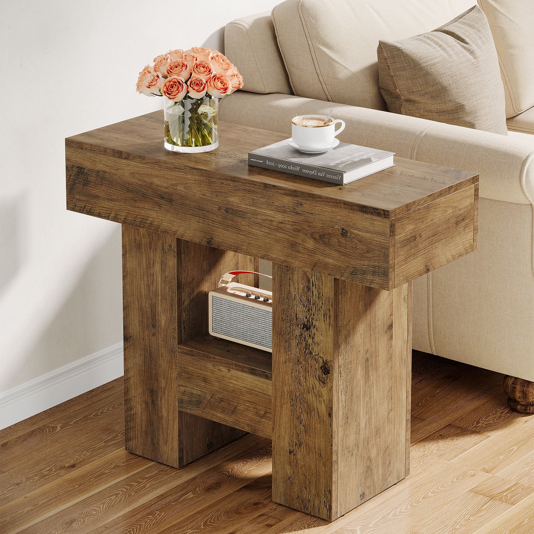 Farmhouse End Table with 2-Tier Shelf - 31.5 Inch Sturdy Sofa Side Table for Living Room, Bedroom & Patio - Rustic Coffee Table with Heavy Duty Metal Base