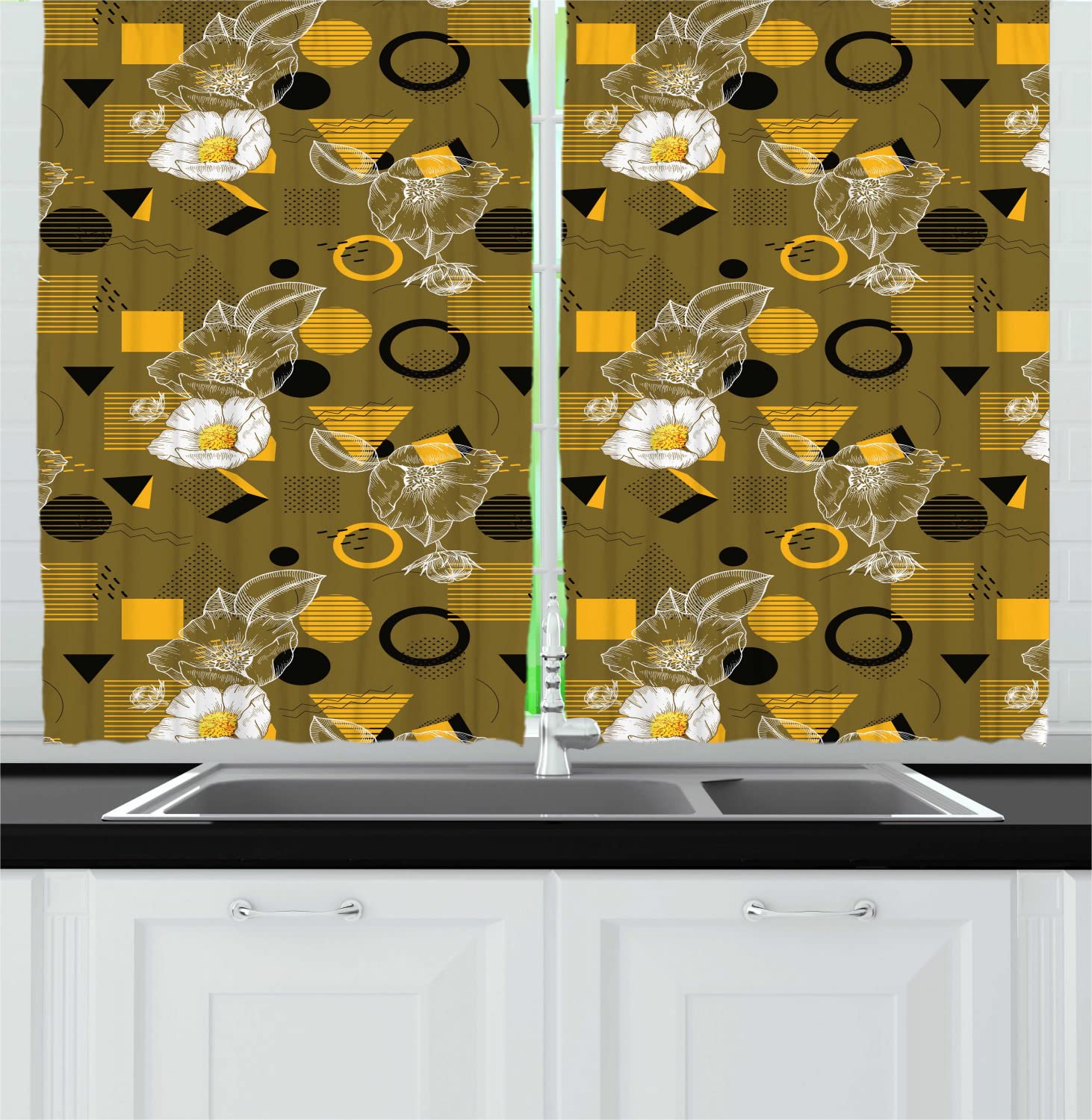 Bohemian Vintage Long Kitchen Curtains - Geometric Pattern & Retro Floral Print Drapes with Rod Pocket, 55