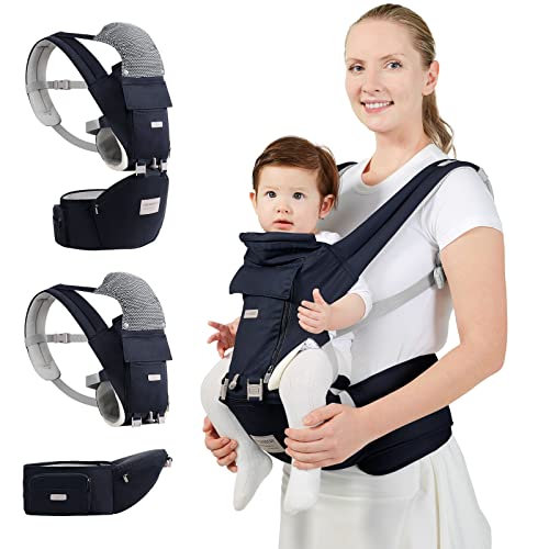YIYUNBEBE Adjustable Baby Carrier with Hip Seat - Ergonomic Front & Back Infant Carrier Backpack for Newborn to Toddler (Dark Blue) - Perfect for Hiking, Shopping & Hands-Free Parenting