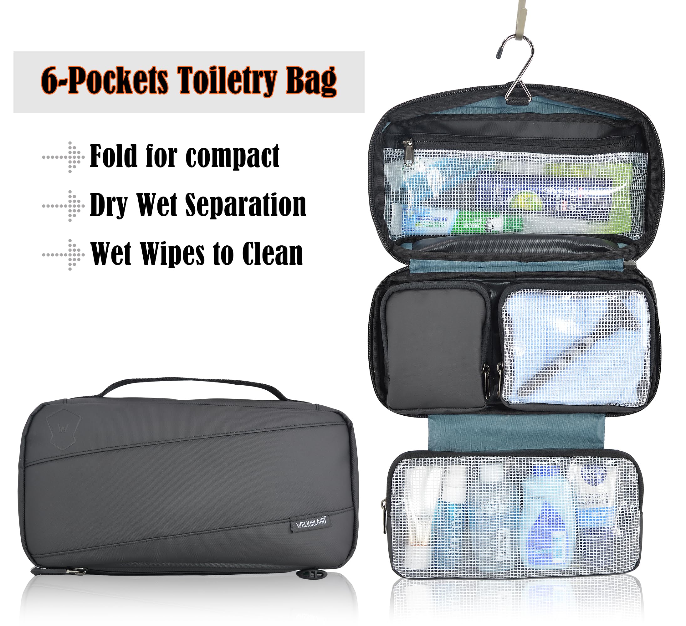 WELKINLAND 6-Pocket Hanging Toiletry Bag for Men - Waterproof Travel Shaving & Shower Organizer - Perfect for Gym, Camping, Business Trips & Overnight Stays (Black)