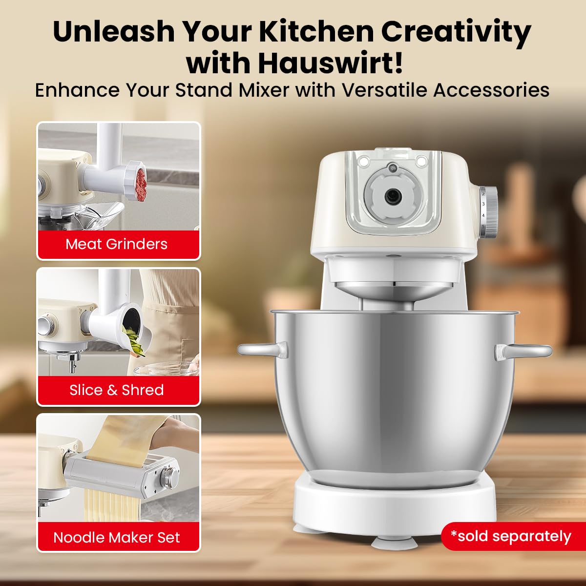 Hauswirt M5C 500W 5.4Qt Tilt-Head Stand Mixer - 8 Speed Electric Kitchen Mixer with Dough Hook, Wire Whip & Beater (Ivory White) - Perfect for Baking Bread, Cakes, Cookies & More
