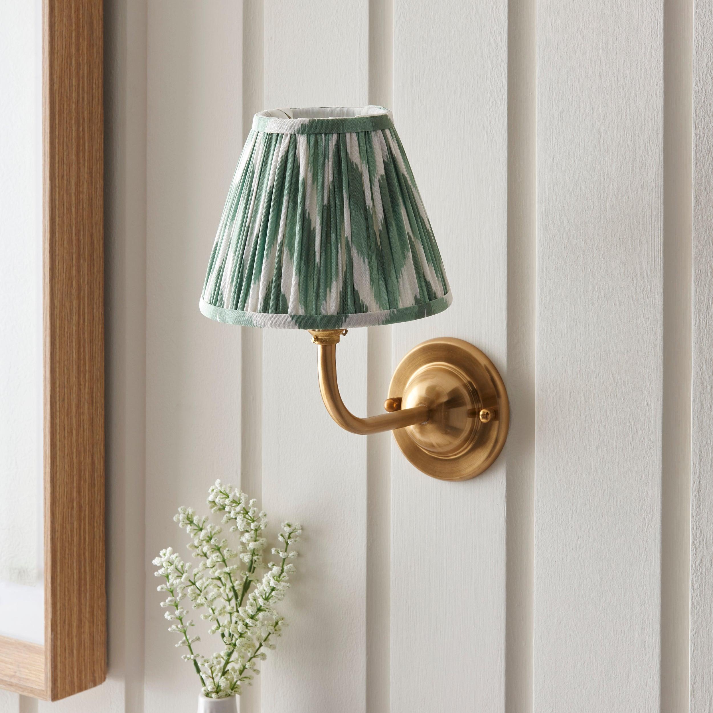 Vintage Dome Arc Brass Wall Light with 16cm Zigzag Cotswold Green Shade - Perfect for Bedroom, Living Room & Hallway Lighting