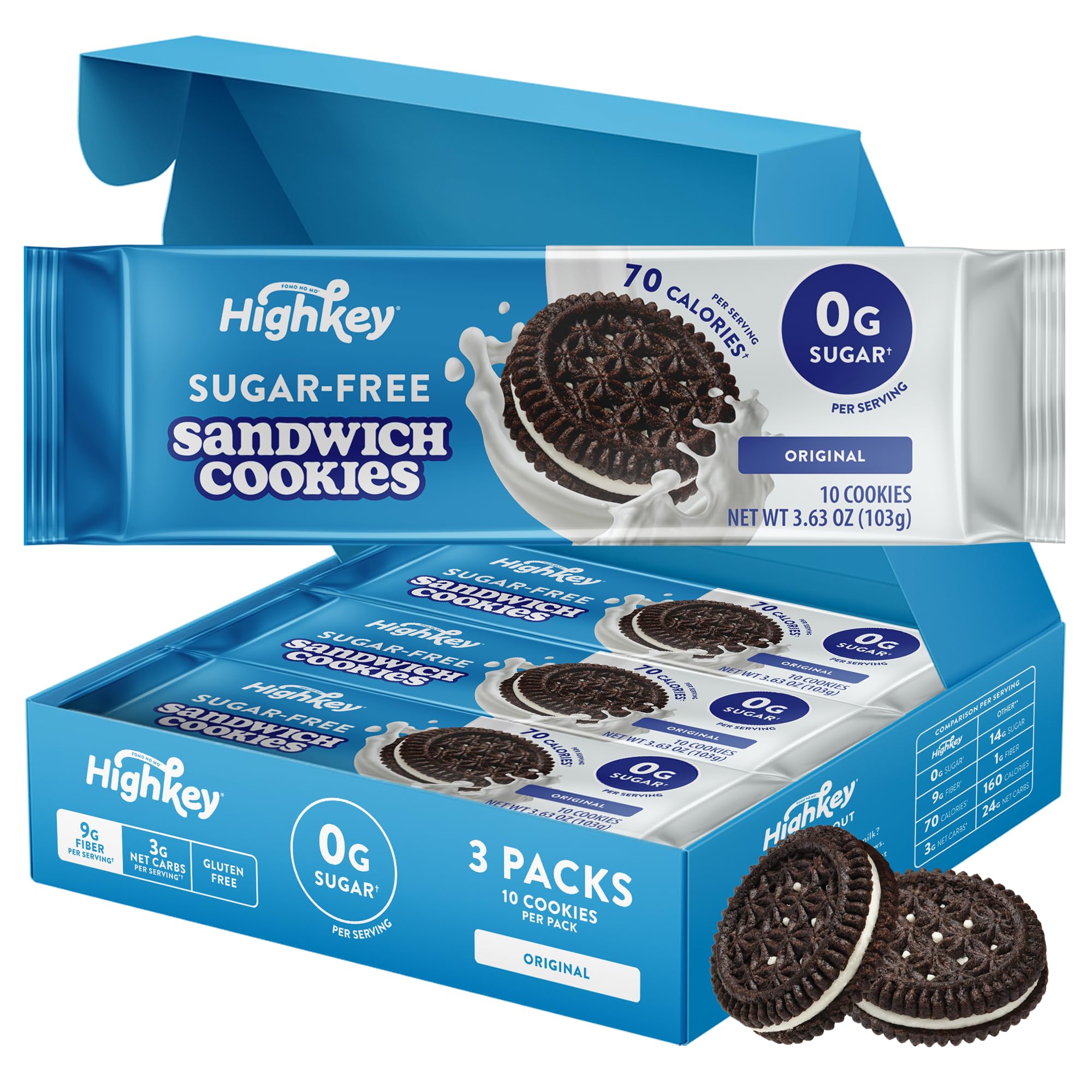 Highkey Keto Sandwich Cookies - 4.27oz (9 Pack) | Low Carb Snacks for Diabetics & Weight Loss | Perfect for Office, School & Travel