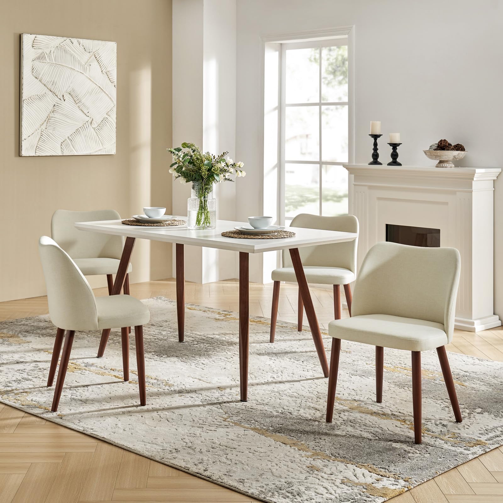 HULALA HOME 4-Piece Upholstered Dining Chair Set - Modern Ergonomic Design with Solid Wood Legs, Comfortable Armless Side Chairs for Kitchen, Dining Room, Living Room & Restaurant - Ivory (Perfect for Family Dinners, Entertaining Guests & Restaurant Seating)