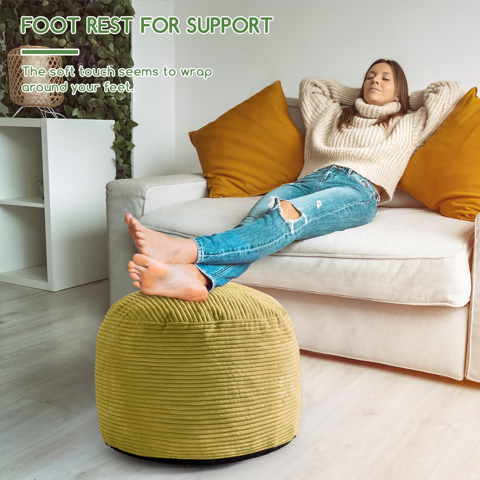 MAXYOYO Round Stuffed Pouf Ottoman - Corduroy Foam-Filled Footrest & Seating, 20 x 15 Inches, Green - Perfect for Living Room, Bedroom & Nursery Decor