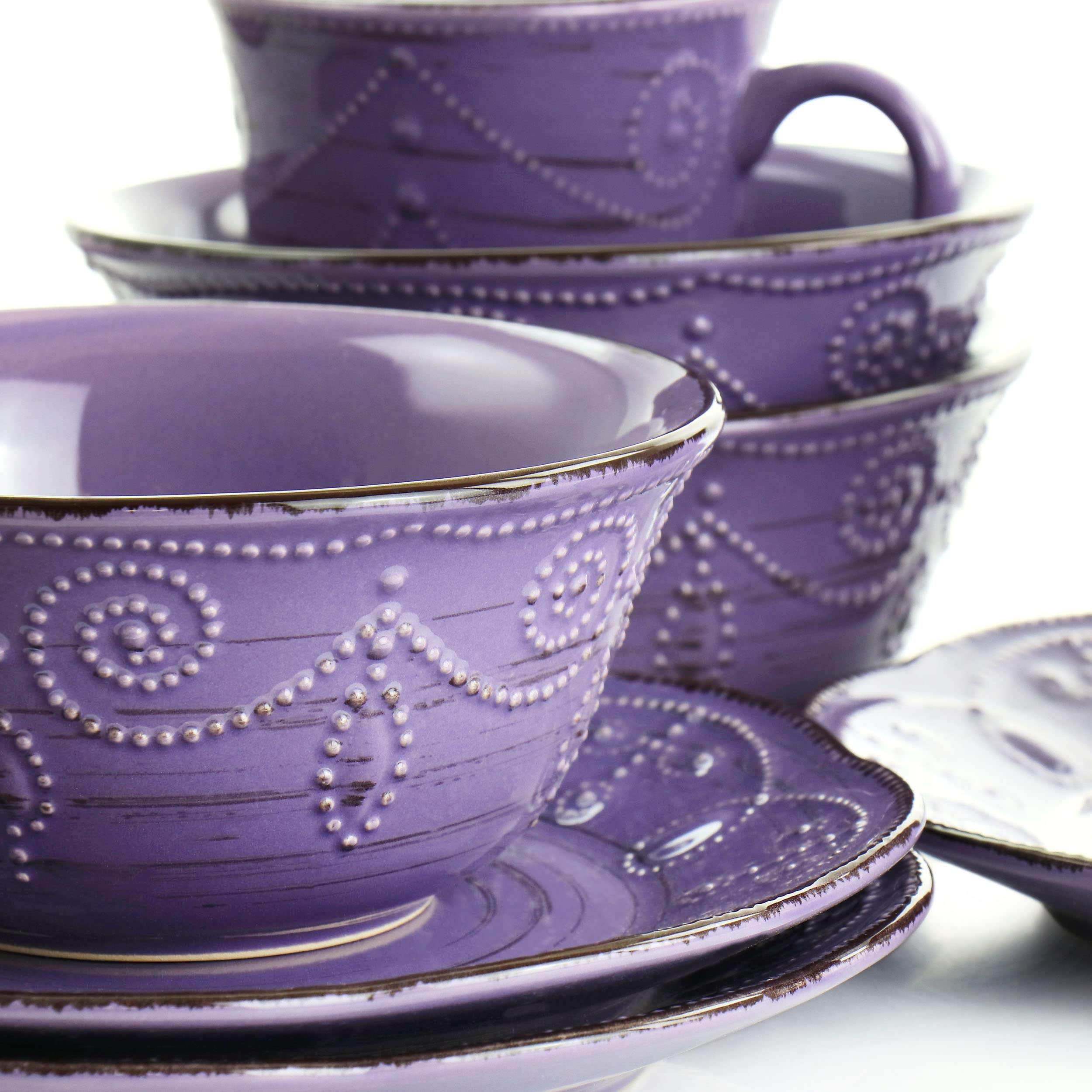 Elama Rustic Birch 16-Piece Stoneware Dinnerware Set - Purple with Brown Accents, Durable Ceramic Plates & Bowls for Everyday Dining, Dinner Parties & Family Gatherings (EL-RUSTICBIRCH)