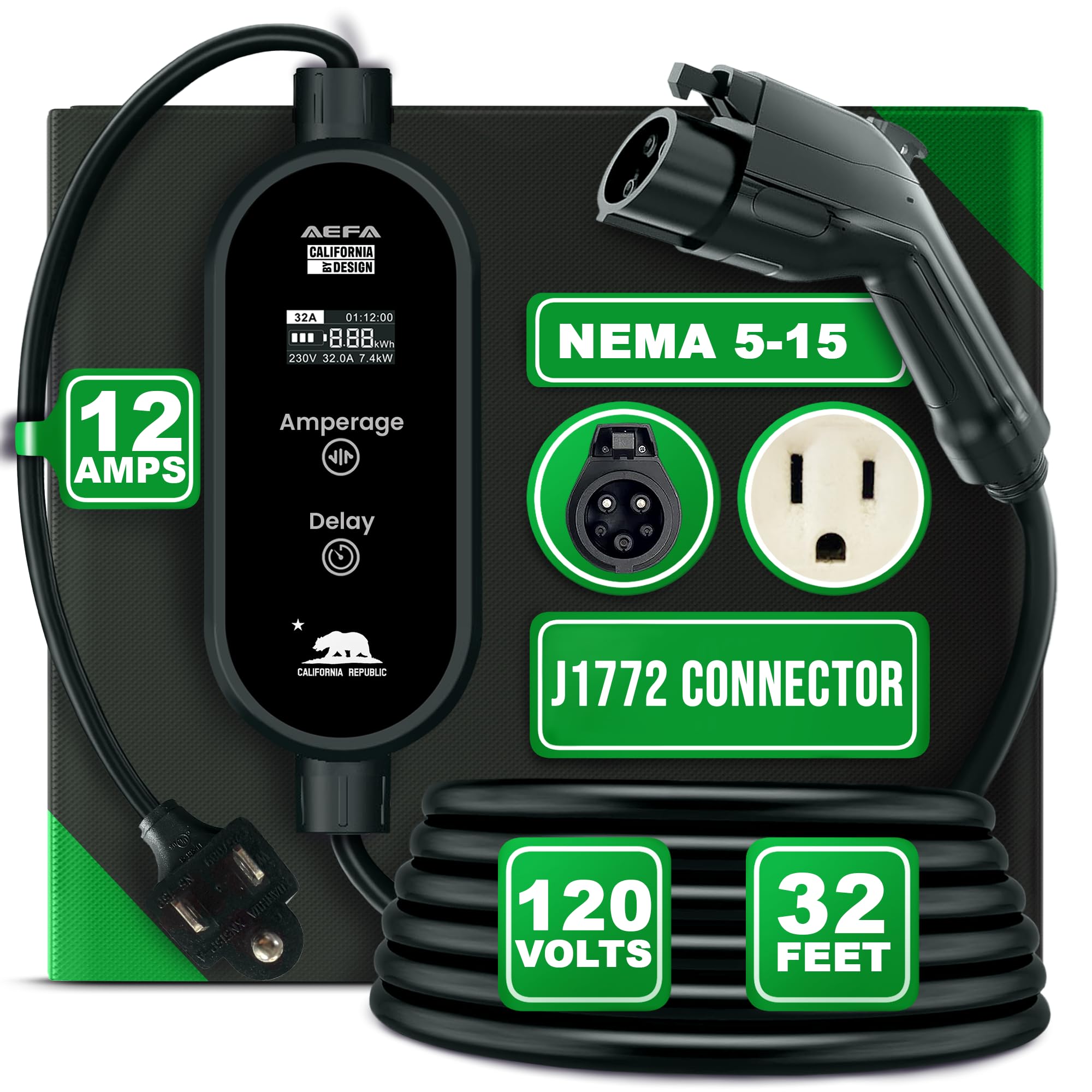 AEFA Level 1 EV Charger - 12 AMP Portable Electric Vehicle Charger with NEMA 5-15 Plug & 32FT Cable - J1772 Compatible for Home & Travel - Adjustable Settings, LED Display & Delayed Power Feature - Perfect for Charging Tesla, Chevy Bolt, Nissan Leaf & More EVs at Home or On the Road