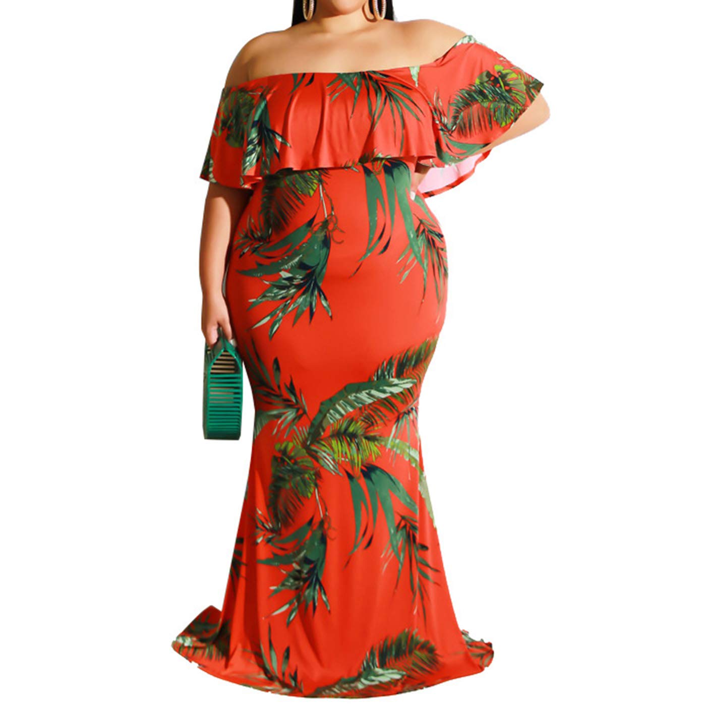 Plus Size Vintage Floral Print Off Shoulder Bodycon Maxi Dress for Women | Elegant Ruffled Long Party Gown | Perfect for Weddings, Prom, Evening Events & Special Occasions