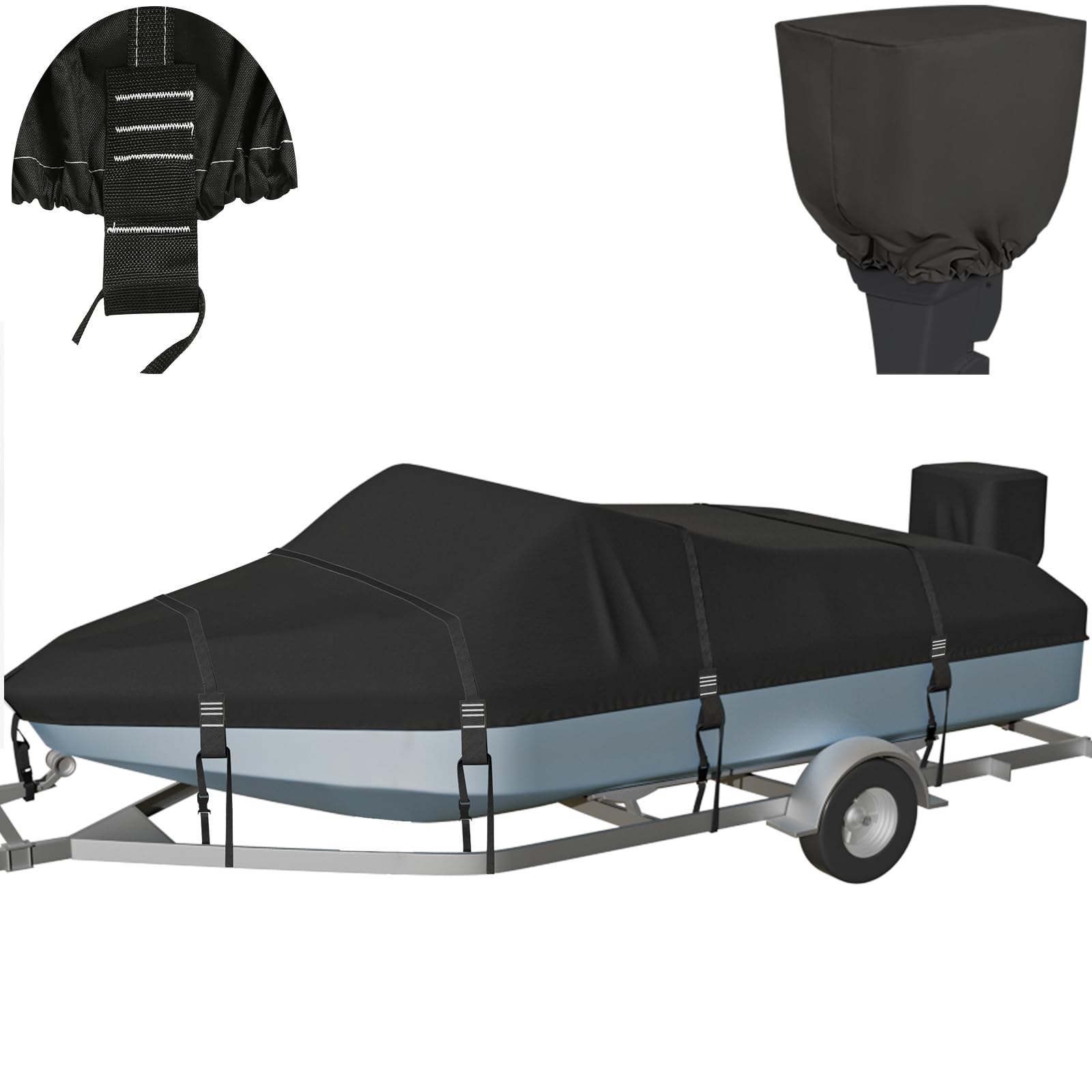 Heavy Duty 1200D Waterproof Boat Cover for 16'-18.5' V-Hull Fishing & Bass Boats - Motor Protection