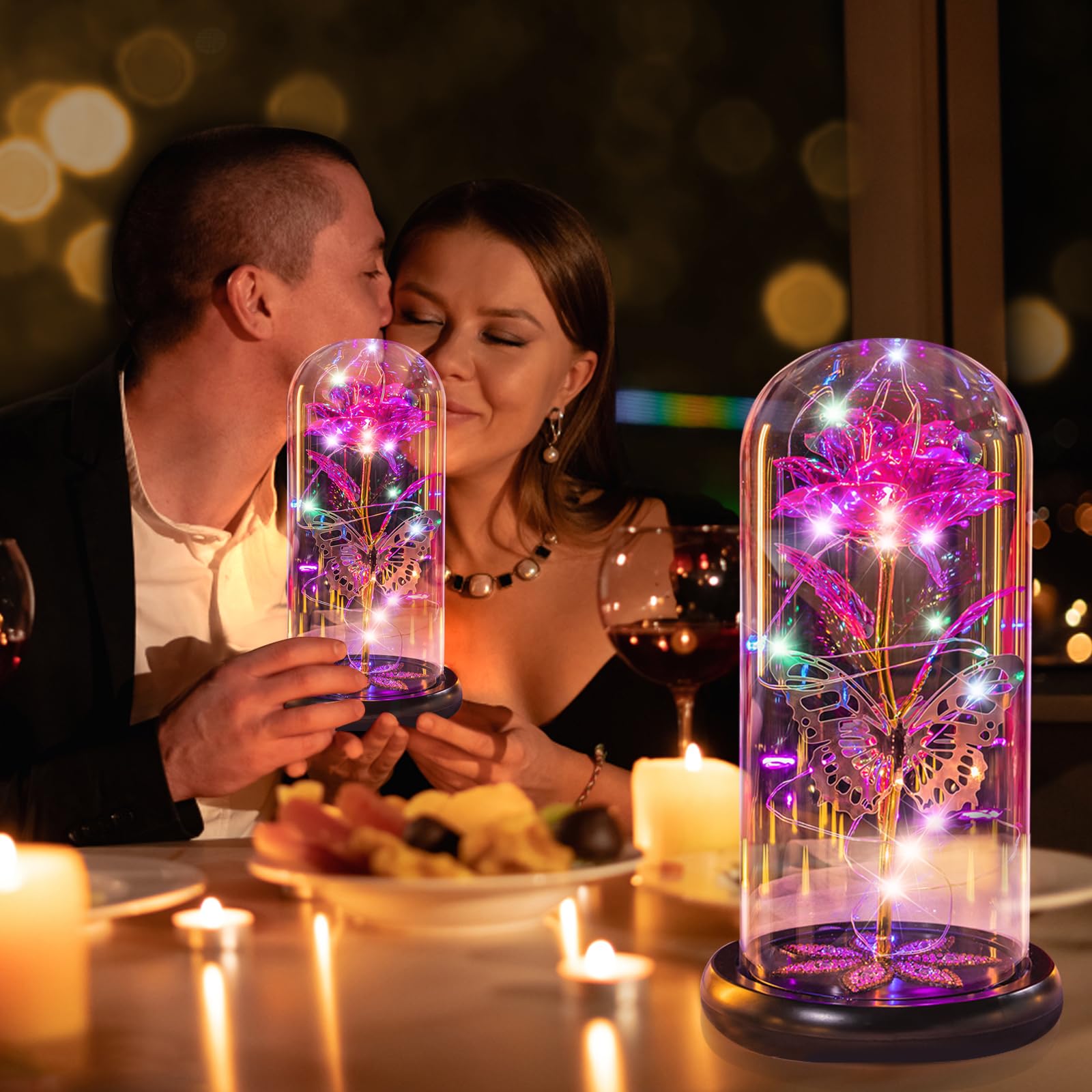 Eternal Crystal Rose in Glass Dome with Butterfly - Light Up LED Flower Gift for Mother's Day, Anniversary, Birthday (Pink) - Perfect for Women, Mom, Wife, Daughter, Sister - Romantic Home Decor & Special Occasion Present