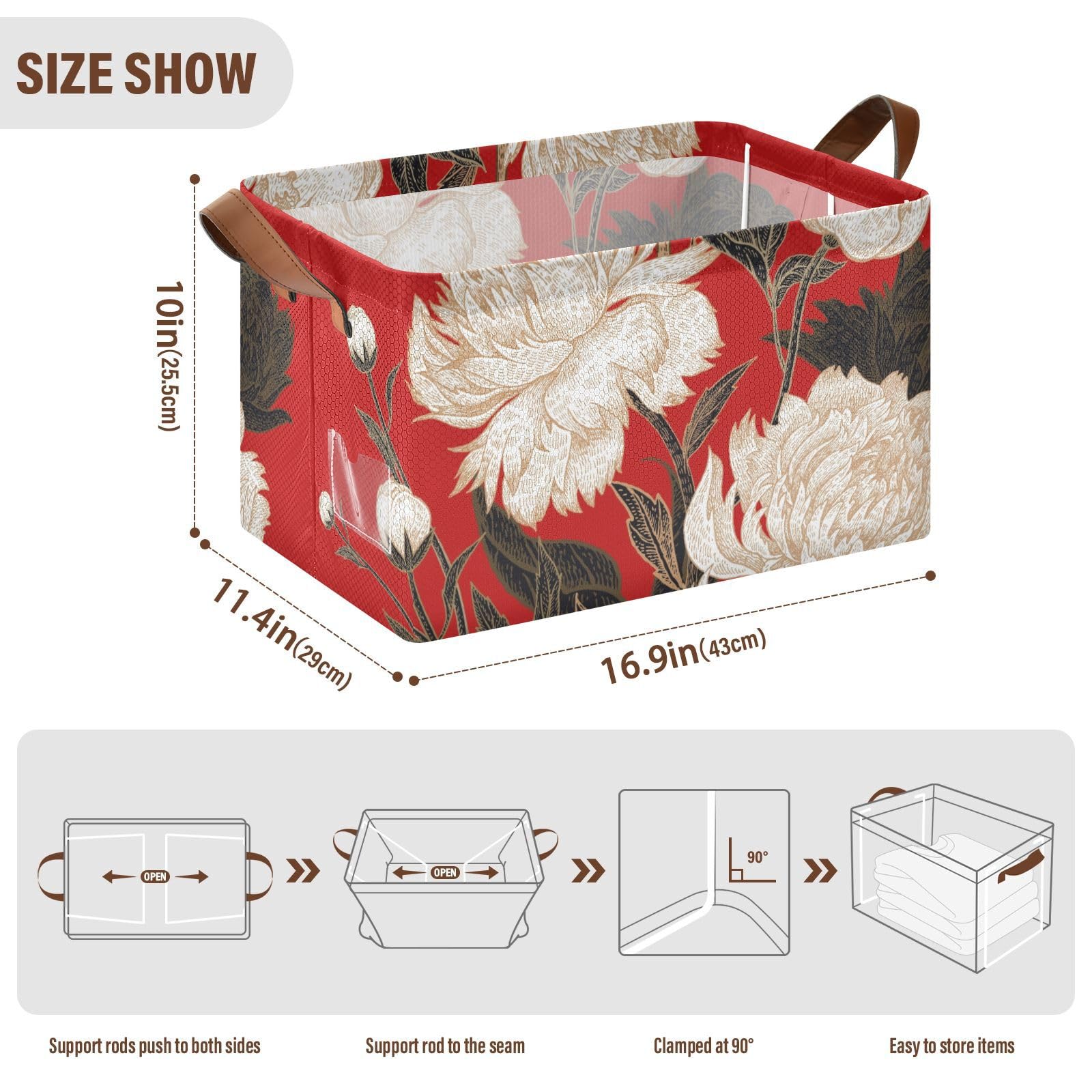 White Peony Red Fabric Storage Bins with Handles - 2 Pack Rectangle Woven Storage Baskets for Closet, Shelf & Home Organization | Perfect for Toys, Blankets & Laundry