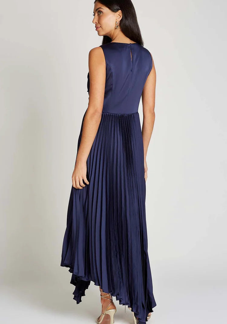 Cliona Satin Pleated Midi Dress for Women - Navy Blue Formal & Cocktail Party Wear - Elegant Satin Evening Dress for Weddings, Dinners & Special Occasions
