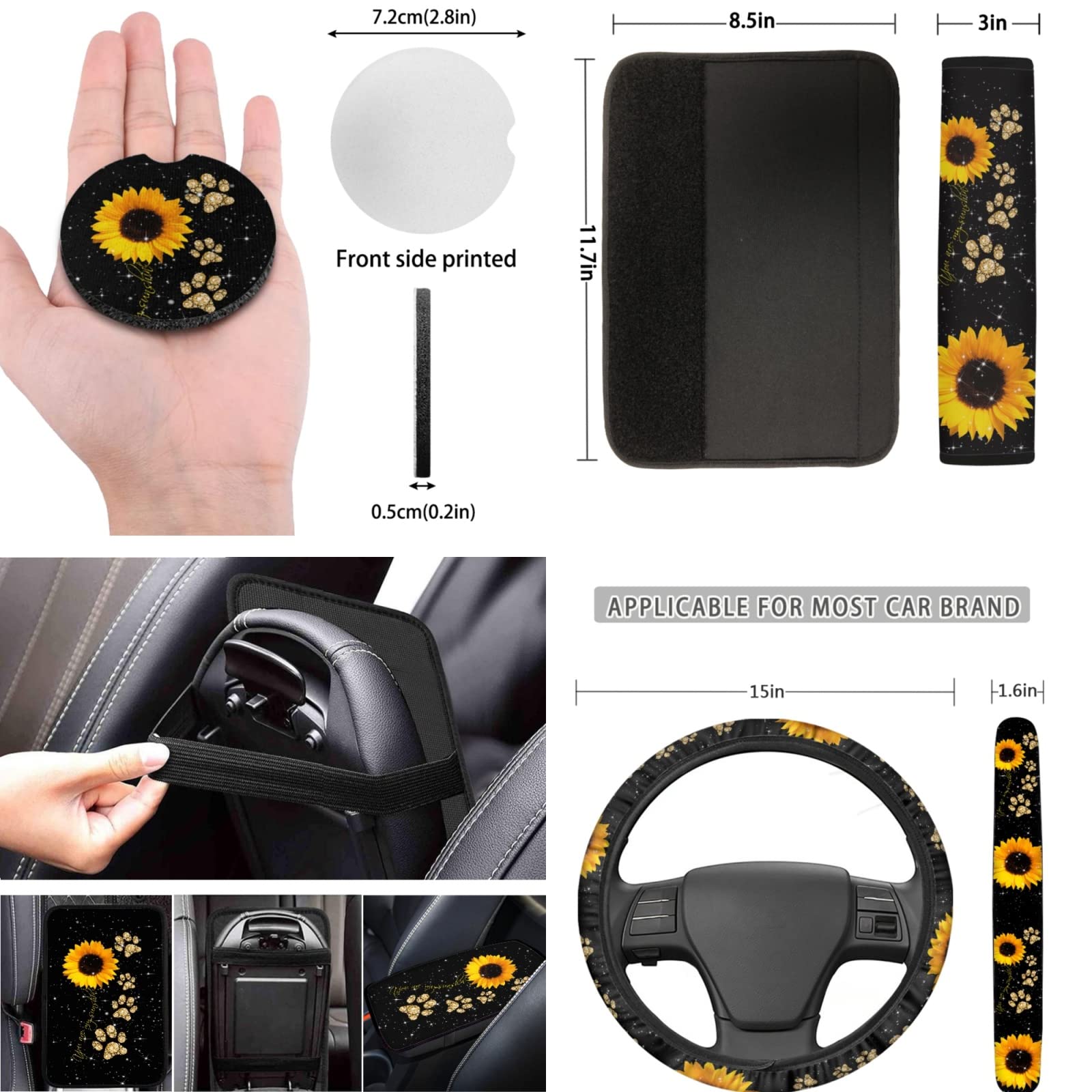 Sunflower with Paws Car Seat Covers Full Set - Neoprene Steering Wheel Cover, Armrest Pads & Seat Belt Cushions - Cute Floral Car Accessories for Women - Perfect for Daily Commute & Road Trips