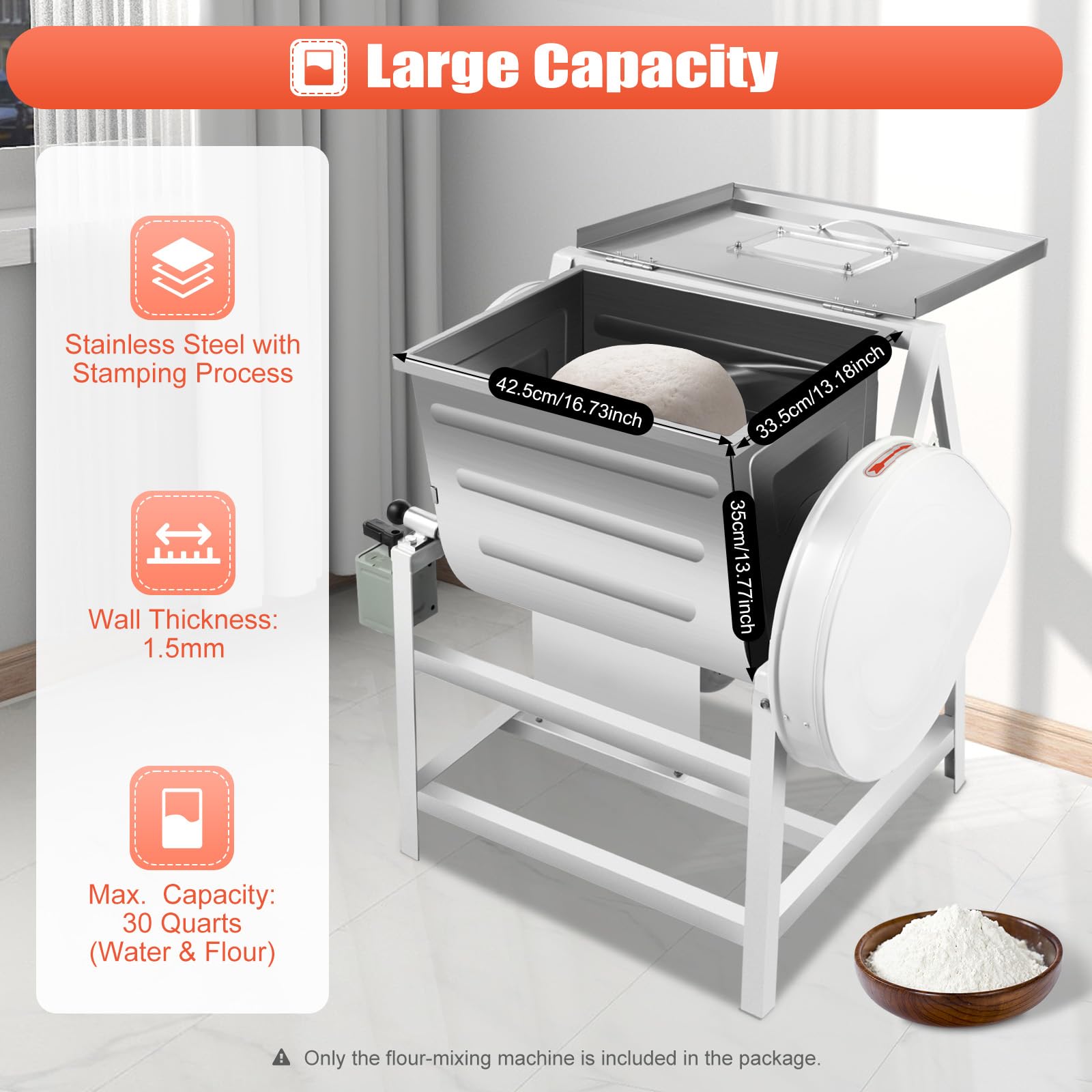 30QT Commercial Electric Dough Mixer - 1.5KW 110V Heavy Duty Kneading Machine with 90° Tilt & 2-Speed (1400 RPM) - Perfect for Bakeries, Pizza Shops, and Commercial Kitchens