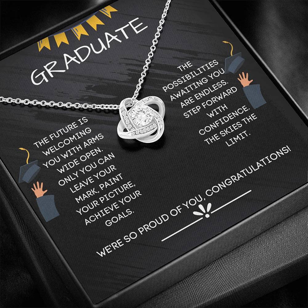 Tek Weh Graduate 2021 Love Knot Necklace - Inspirational Graduation Jewelry Gift for High School & College Seniors | Perfect Graduation Present, Senior Gift Idea for Women & Girls | Commencement, Achievement Celebration