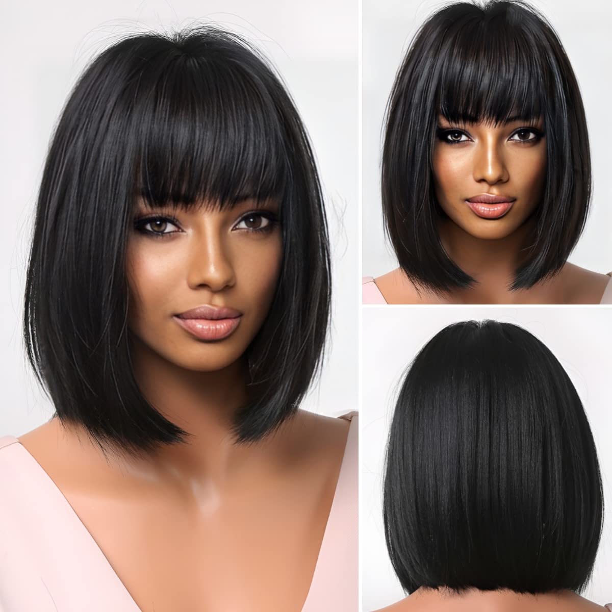 Akkya Black Bob Wigs with Bangs - Short Straight Synthetic Hair Wig for Black Women | Perfect for Party, Costume & Cosplay (12inch, Black) | Great for Halloween, Cosplay Events & Themed Parties
