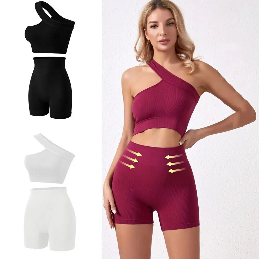 2Pcs Seamless Women's Workout Sets - High Waist Yoga Outfits with One Shoulder Tank Top & Ribbed Sports Bra for Gym, Running, Fitness & Casual Wear