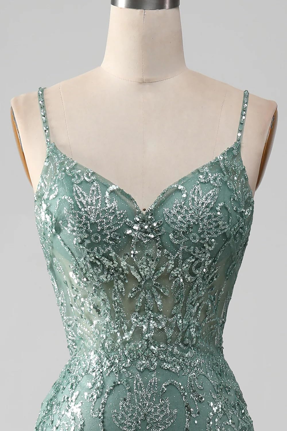 Sexy Spaghetti Straps Prom Dress | V-Neck Sheath Evening Gown in Grey Green with Beading | Handmade Custom Formal Party Dress for Prom, Homecoming, Cocktail Events & Special Occasions