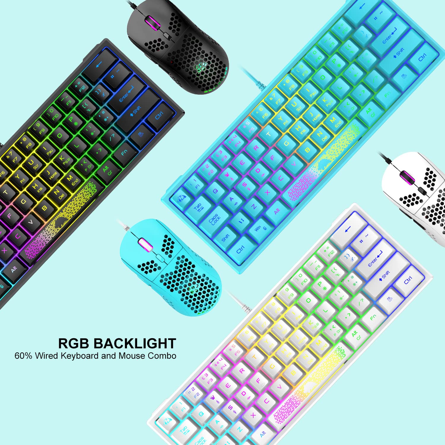 60% RGB Backlit Gaming Keyboard and Mouse Combo - Mini Mechanical Feel Keyboard with 6400 DPI Honeycomb Optical Mouse & Gaming Mousepad - Perfect for PC Gamers, Esports & Office Typists (Black) | Compact Setup for Small Desks & Travel Gaming