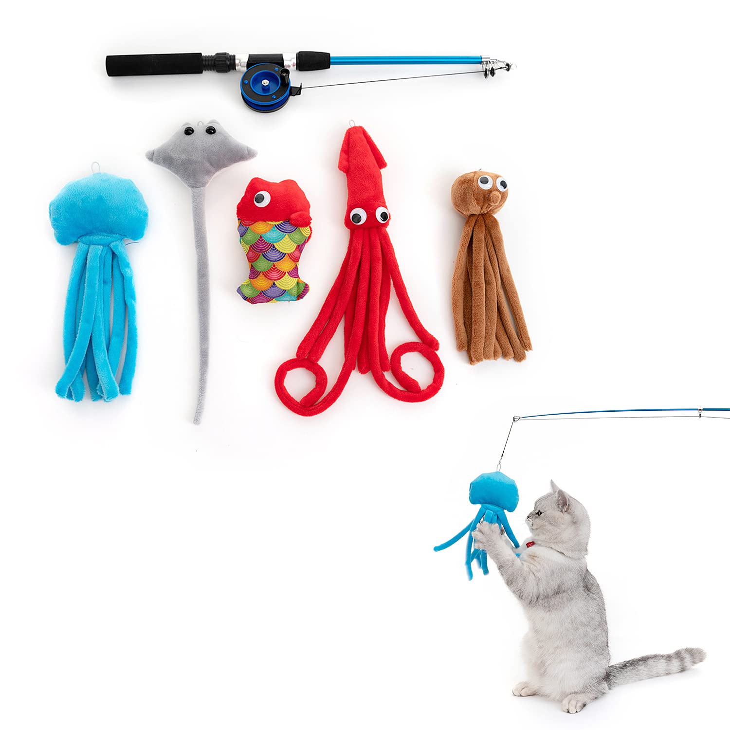 6PCS Funny Cat Toy Set with Fishing Rod & Plush Mice - Bite-Resistant Cotton Toys, Adjustable Wand for Kittens & Adult Cats - Perfect for Playtime, Training & Bonding with Your Feline Friend