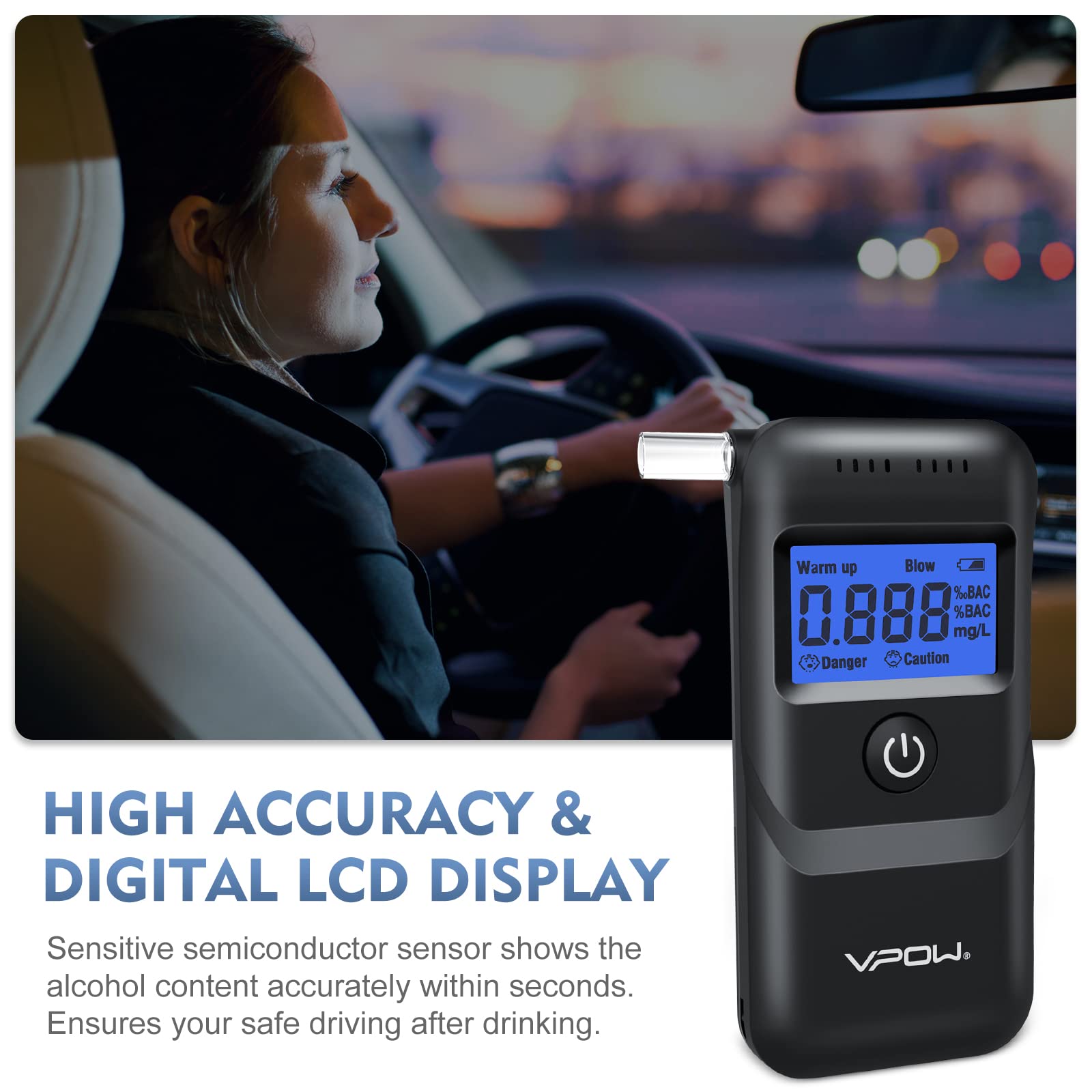VPOW Digital Alcohol Breathalyzer Tester with Blue LCD Display - High Accuracy Personal & Professional Breath Alcohol Test Device for Home, Workplace, and Law Enforcement Use - Black