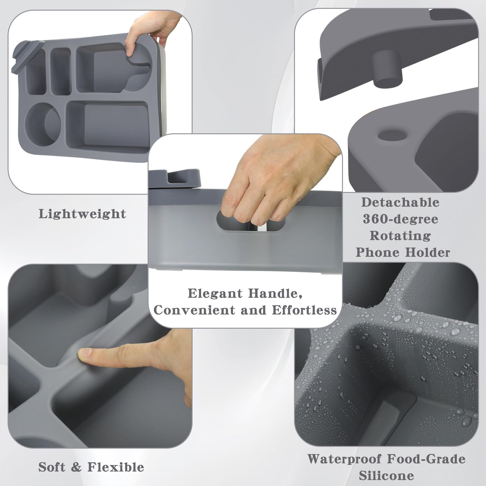 Rotatable Couch Cup Holder Tray with Phone Stand - Multi-Functional Sofa Caddy for Drinks, Snacks & Remote Control - Waterproof Bedside Table Organizer (Grey) | Perfect for Living Room, Bedroom, Car & Outdoor Use