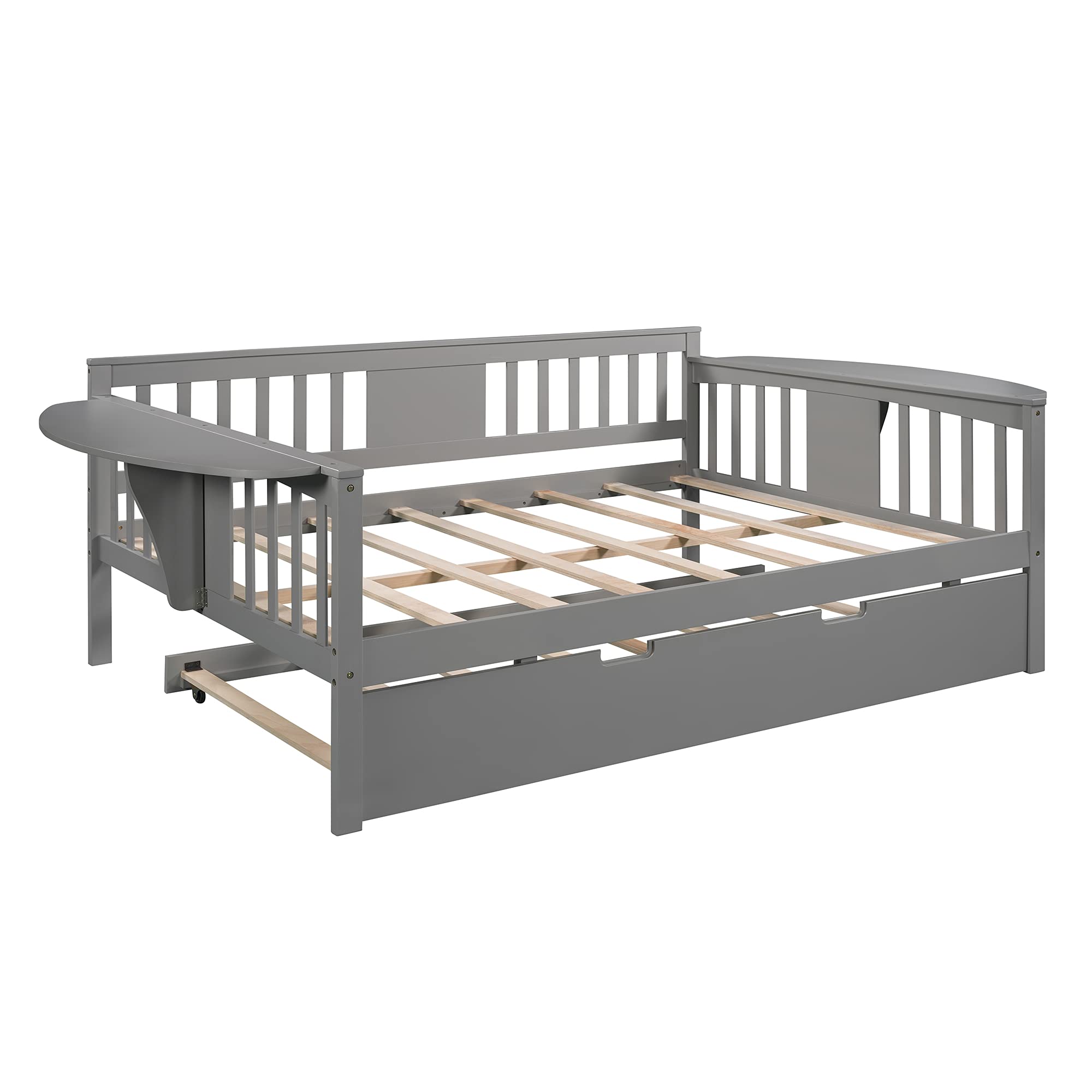 **Solid Wood Daybed with 2 Folding Tables & Trundle - Full-Size Bed Frame for Kids, Teens & Guest Rooms - Multi-Functional Convertible Sofa Bed - No Box Spring Needed - Perfect for Small Spaces, Sleepovers & Home Offices**