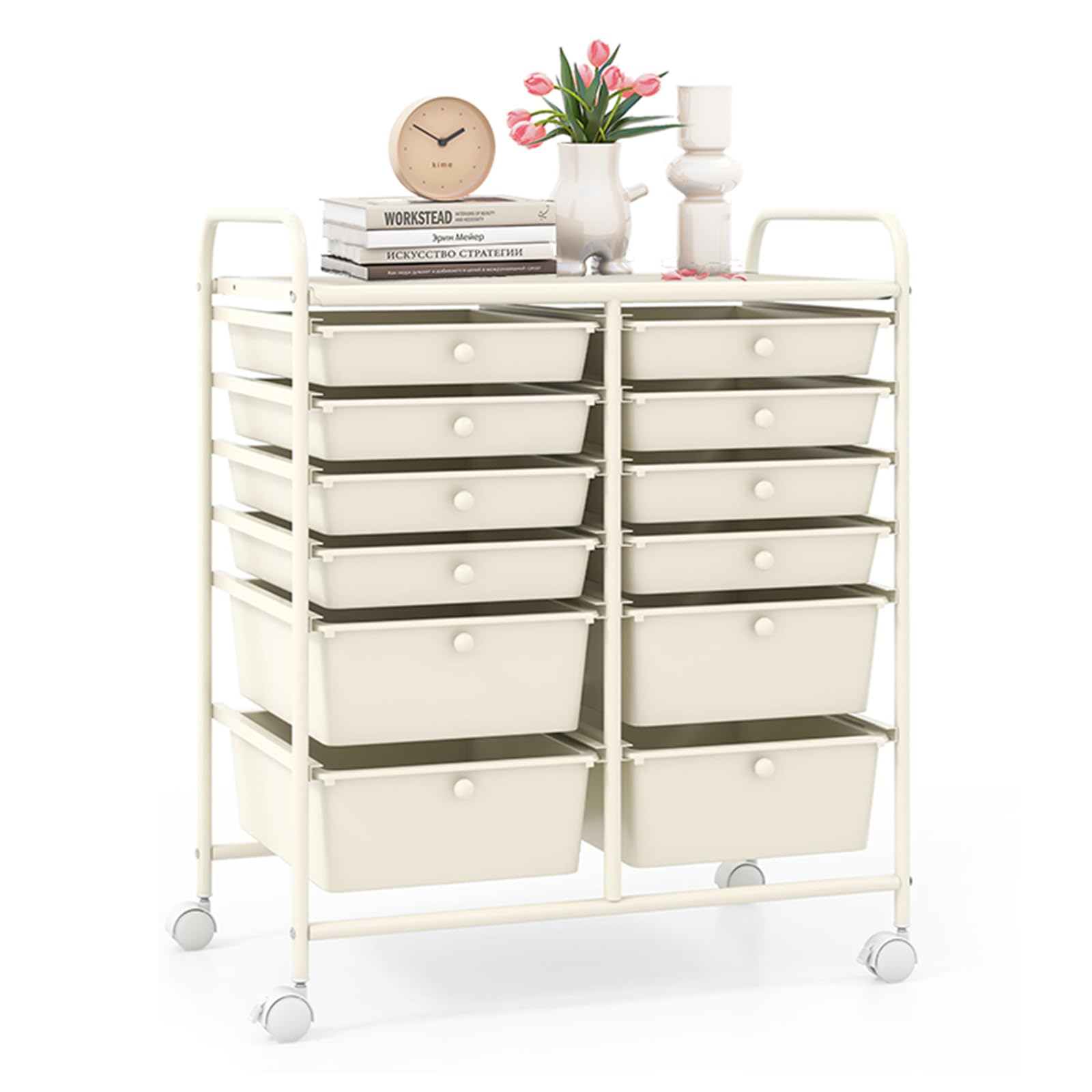 LDAILY 12-Drawer Rolling Storage Cart with Metal Frame - Large Capacity Craft Organizer on Wheels for Classroom, Office & Home Use - Smooth Gliding Drawers (White) - Perfect for Art Supplies, Stationery & Office Organization