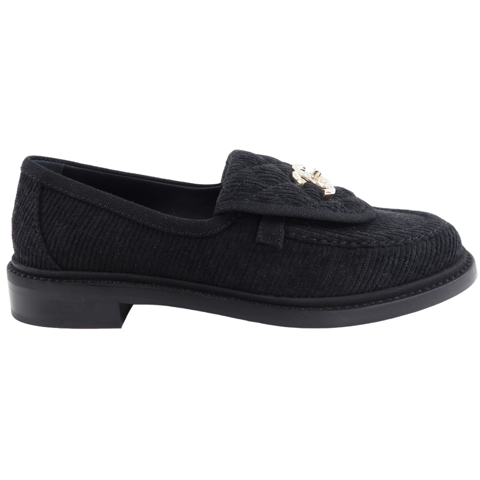 Chanel 22P Black Corduroy Quilted Crystal CC Turnlock Loafers Size 37 - Luxury Women's Fashion Shoes for Office, Party & Everyday Wear