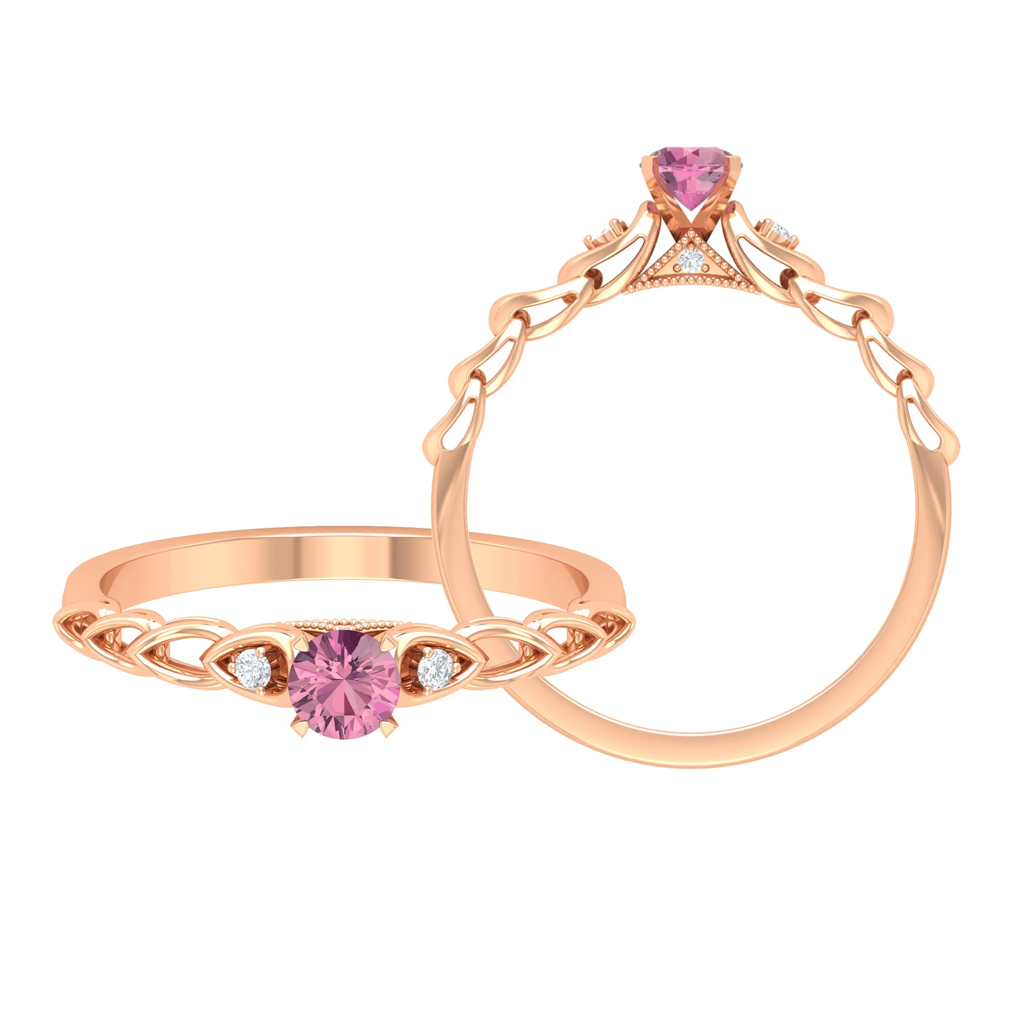 **14K Solid Gold Pink Tourmaline Promise Ring with Diamond – 4MM Round Cut Genuine Tourmaline Ring for Women – Perfect for Engagement, Anniversary & Romantic Gifts**