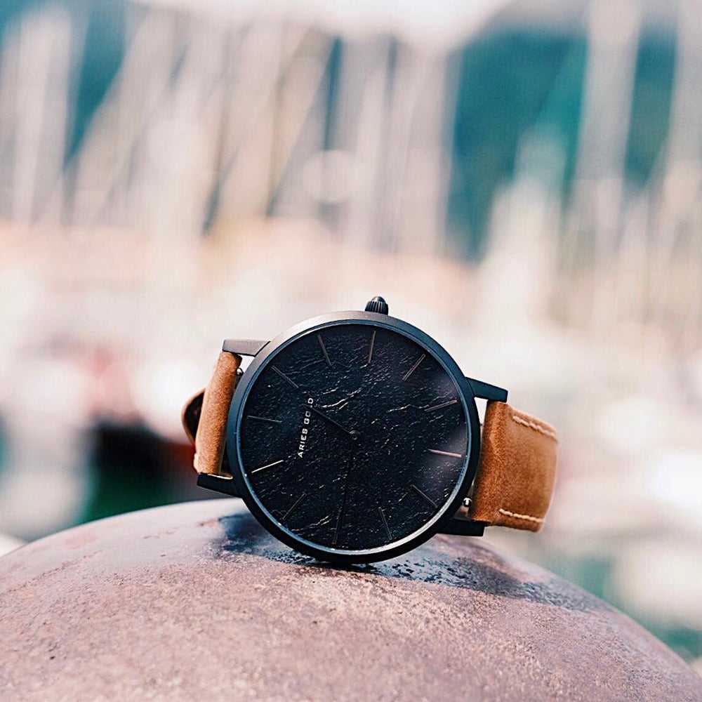 ARIES GOLD URBAN SANTOS Black Stainless Steel Women's Watch with Brown Leather Strap - Fashionable Timepiece for Casual Wear, Office & Special Occasions