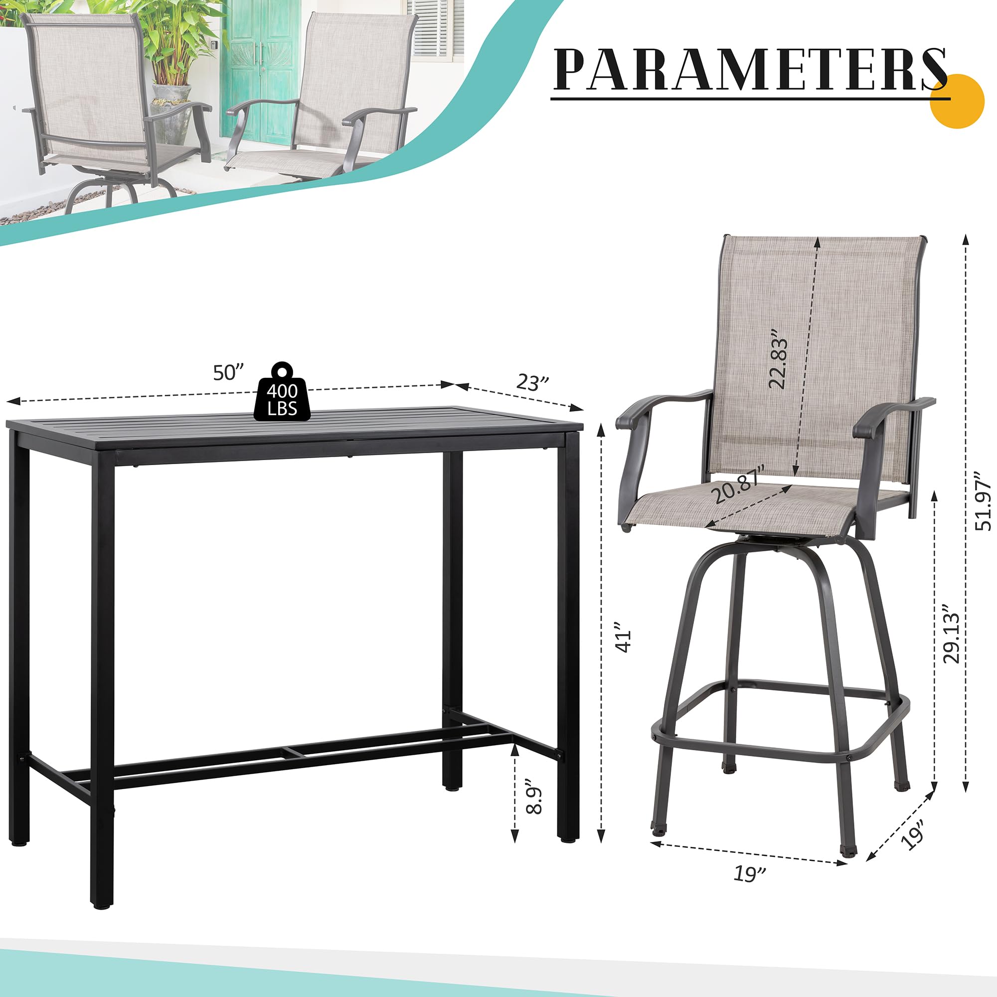 Vongrasig 5-Piece Outdoor Patio Bar Set with Swivel Bar Stools & Glass Table - All-Weather Wicker & Textilene High-Top Bistro Set for Garden, Lawn, Deck or Poolside (Taupe) - Perfect for Backyard Entertaining & Outdoor Dining