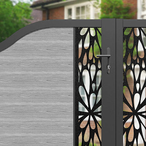 Classic Blossom Curved Top Driveway Gate - Light Grey Steel Fence with Middle & End Screen Panels | Elegant Security Solution for Residential Homes, Gardens & Commercial Properties