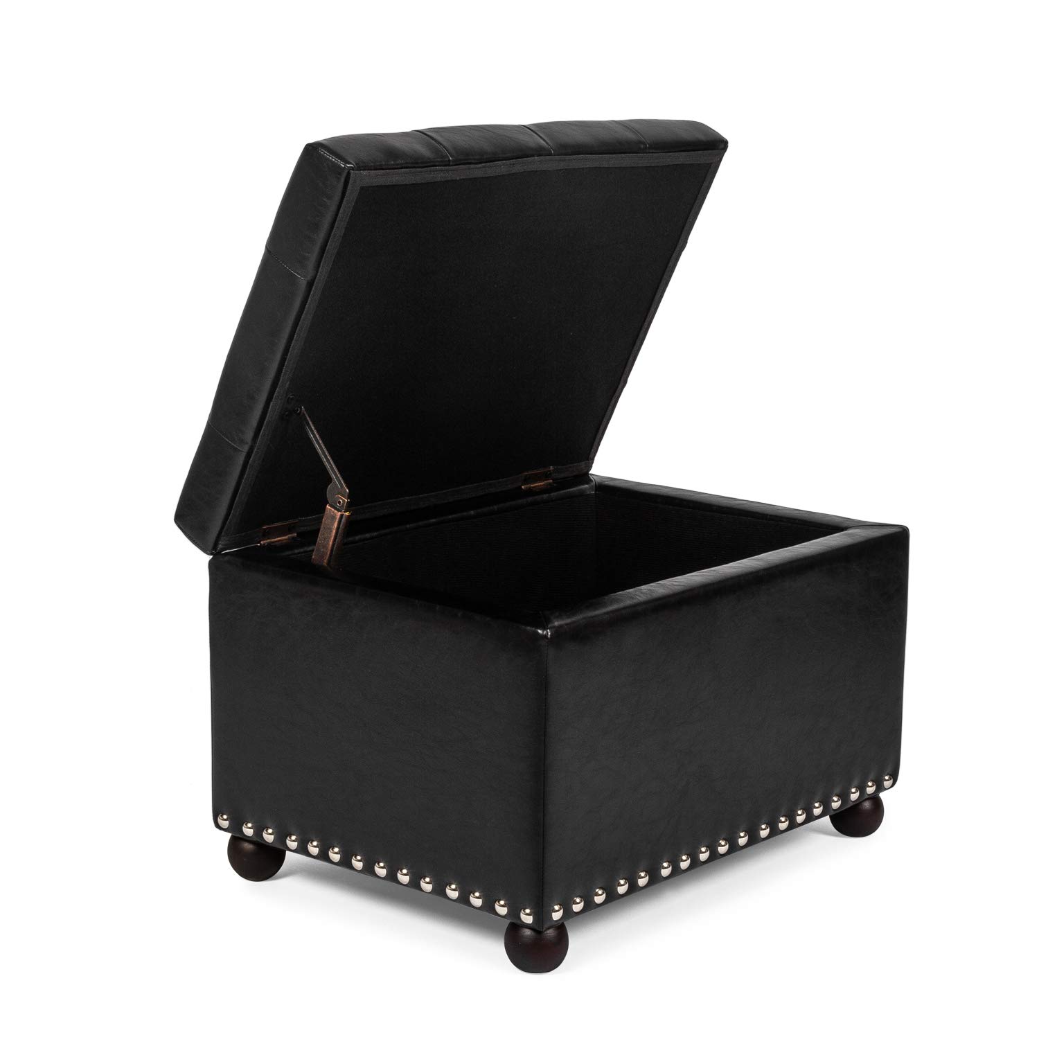 Black Rectangular Faux Leather Storage Ottoman with Nailhead Trim & Sturdy Wood Frame - Footrest, Coffee Table & Hidden Storage for Living Room, Bedroom or Office
