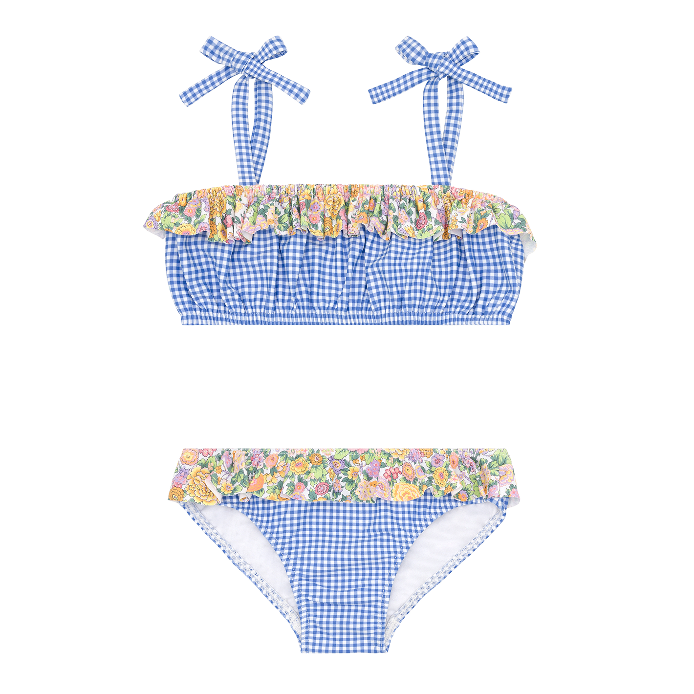 Sky Blue Gingham Bikini Set for Girls - Adjustable Tie Strap Bandeau Top & Matching Bottom - Perfect for Beach, Pool, and Summer Vacations